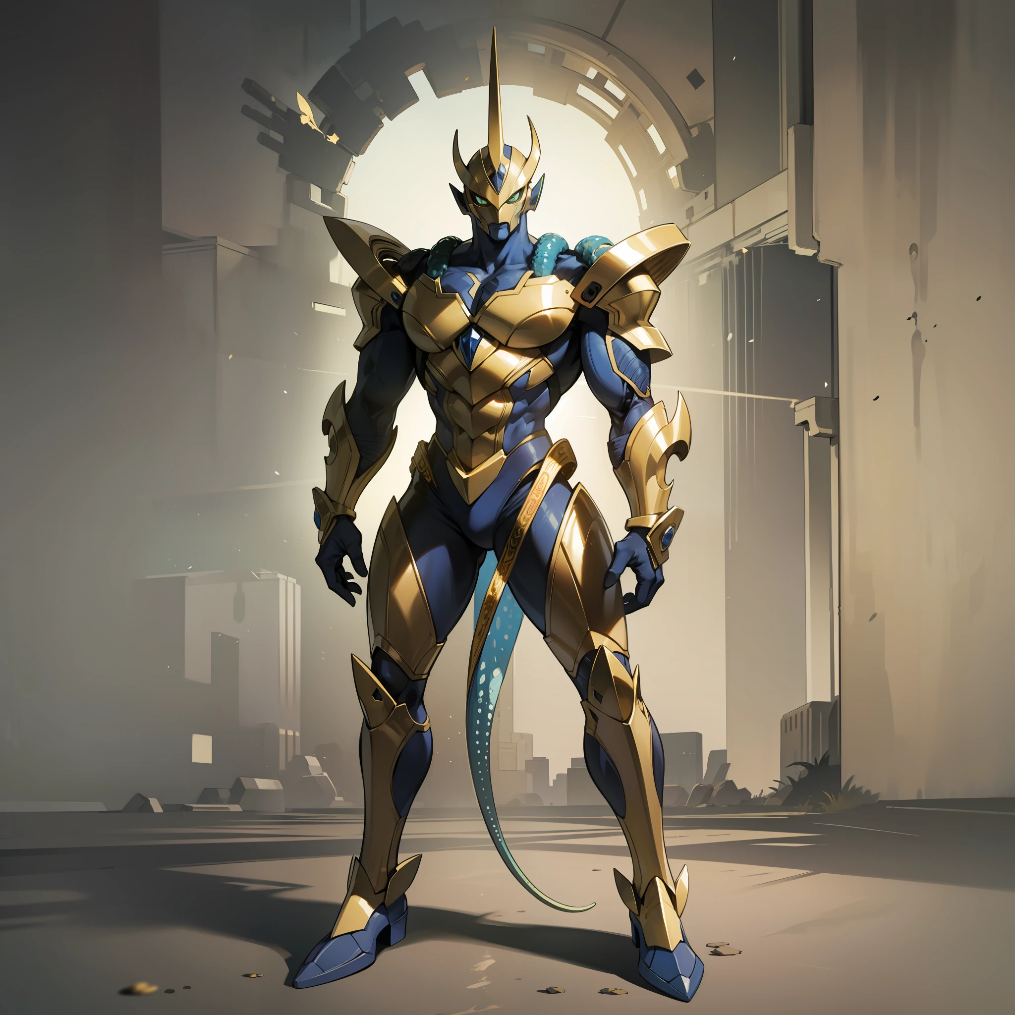 Unusually developed muscular body of black and gold, cartoon alien with tentacle body from arms, beetle shell, cel shade, Guyver style, full body, evil