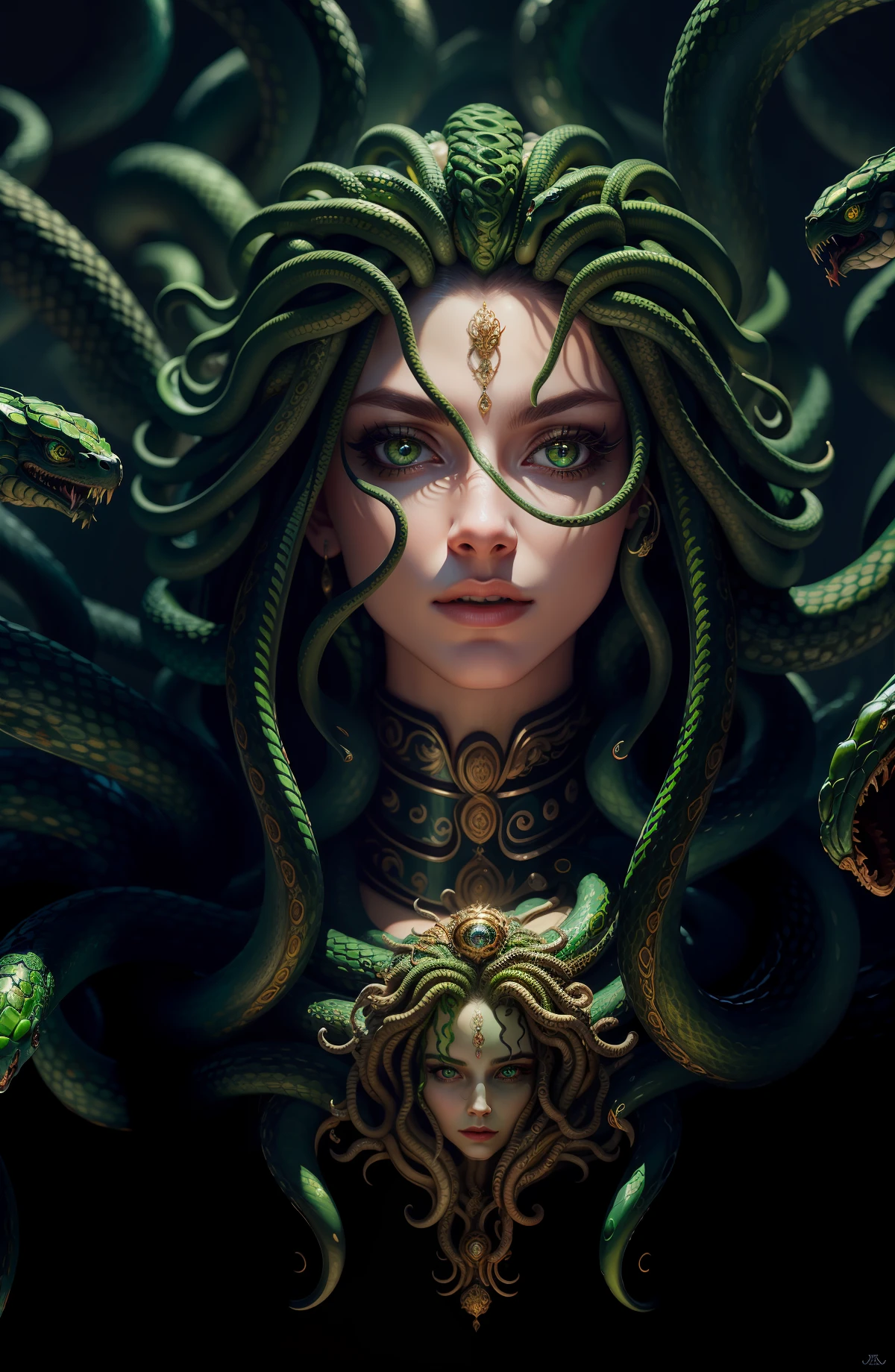 ((best quality)), ((masterpiece)), ((realistic)), Medusa, full body, the hair is composed of countless small snakes, green eyes, female face, metal carved top, royal aura, trend on artstation , sharp focus, studio photo, intricate detail, very detailed, detailed eye, illustration, very detailed, sharp focus, digital render, professional, 4k