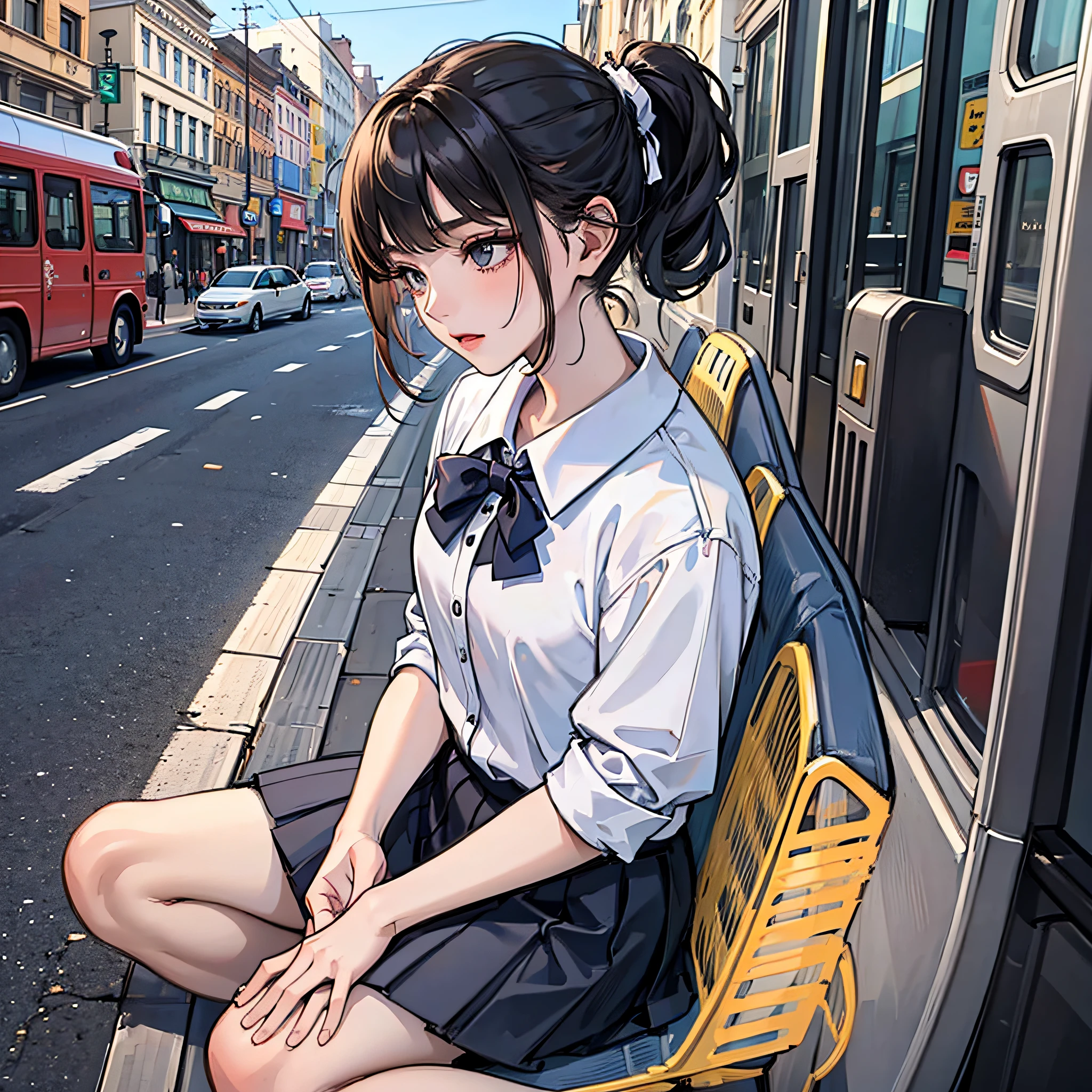 A little girl in a black ponytail, wearing a white school uniform, sits in a bus, meditating, with the street in the background