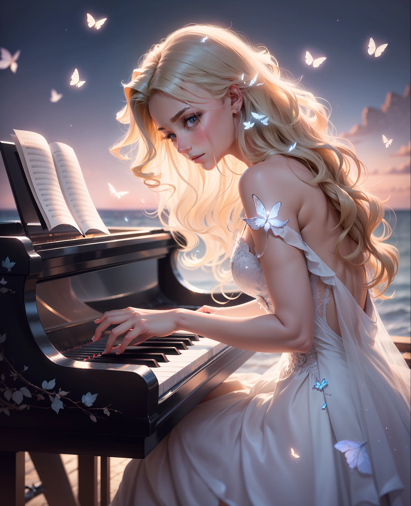 Beautiful girl playing piano,bright lights around her dress, outstanding sparkles, gorgeous curled blonde hair full of white butterflies around, crystal clear waters, crystal piano semi realism