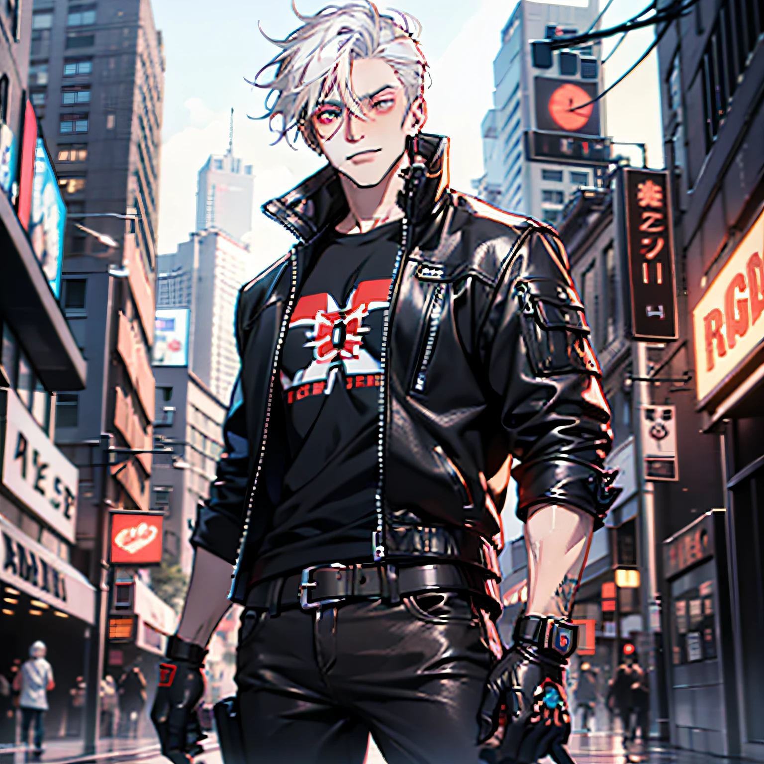 (absurd, tall, ultra detailed), 1 man, adult, handsome, tall and muscular face, broad shoulders, white hair, finely detailed eyes, portrait, looking at the viewer, solo, mid-plane, detailed background, detailed face, (CYBERpunk NIGHT CITY), mischievous smile, renegade, dark and rough leather clothes BLACK AND RED, small leather bag, cyberpunk scenery, rock nightclub alley background, stealth, disguised, (boxes in the background), shadows, mist, (Dutch angle), mouth closed, guitar on the back