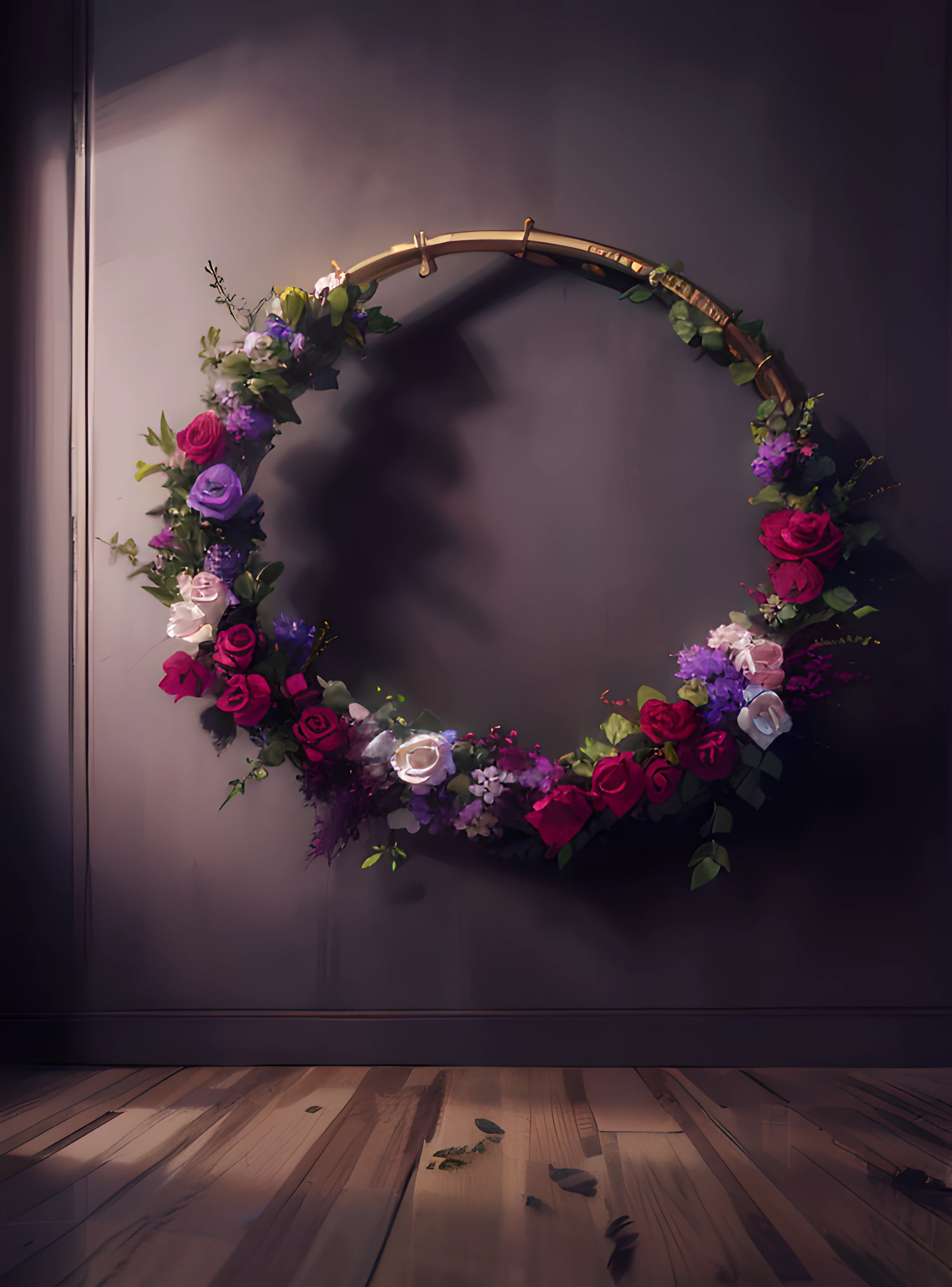 a close up of a wreath of flowers on a wall, portal made of roses, made of dried flowers, made of flowers, made of flowers and berries, flower frame, still life photo of a backdrop, floral design, made of colorful dried flowers, ornamental halo, a hyper realistic, photographic render, floral couture, made of flowers and leaves, beautiful composition