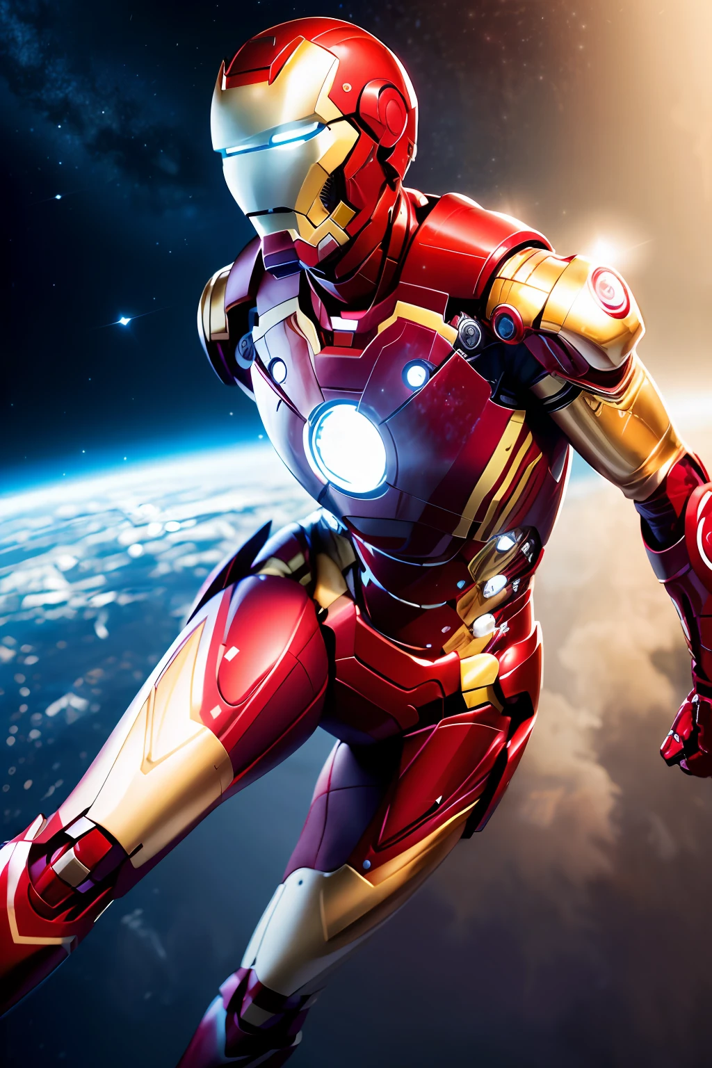 RAW, Masterpiece, Super Fine Photo, Best Quality, Ultra High Resolution, Photorealistic Photorealism, Sunlight, Full Body Portrait, Amazing Beauty, Dynamic Pose, Delicate Face, Vibrant Eyes, (From the side), She Wears Futuristic Iron Man Mech, (Face Exposed: 1.4), Red and Gold Color Scheme, Very Detailed Space Background, Detailed Face, Detailed Complex Space Background, Messy, Gorgeous, Milky White, Highly Detailed Skin, Realistic Skin Details, Visible Pores, Sharp Focus, Volumetric Fog, 8K UHD, DSLR camera, high quality, film grain, fair skin, photorealism, lomography, starship in space, seen from below, translucent