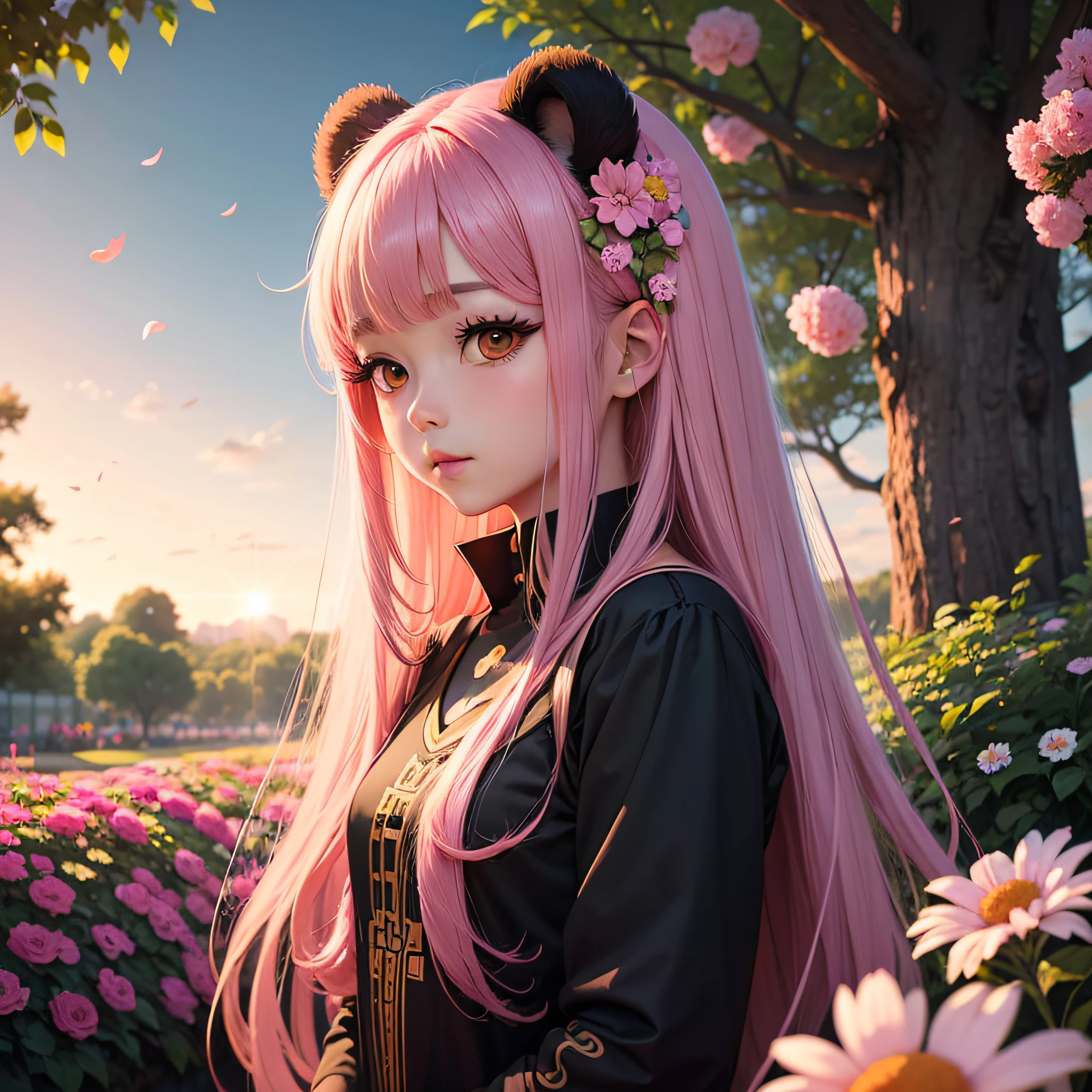 Cute Anime Style Hair Color Pink Long Hair Background Flower Garden Head Panda --auto