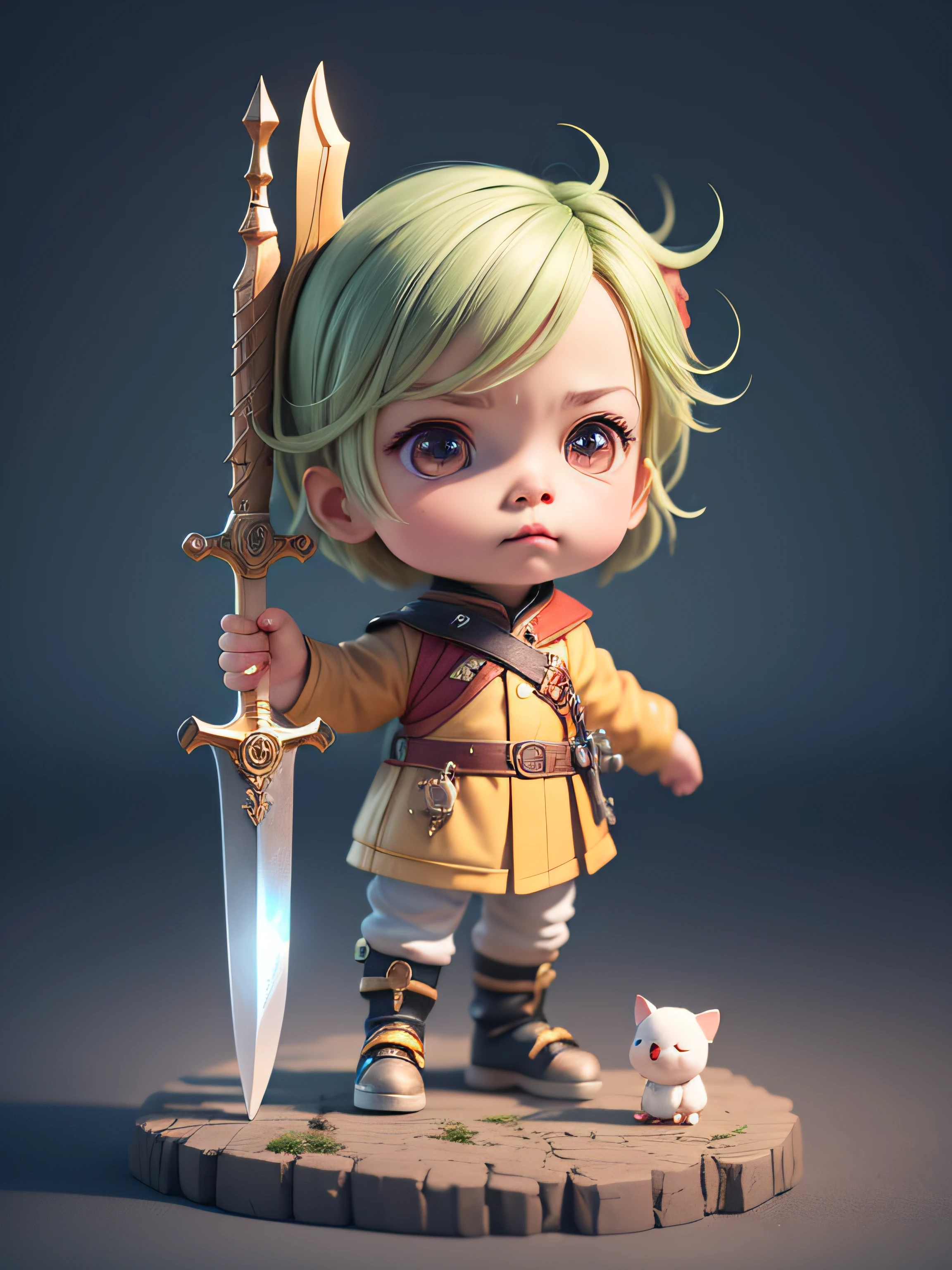 (extremely detailed CG unity 8k wallpaper), chibi cute boy holding a sword, solid background