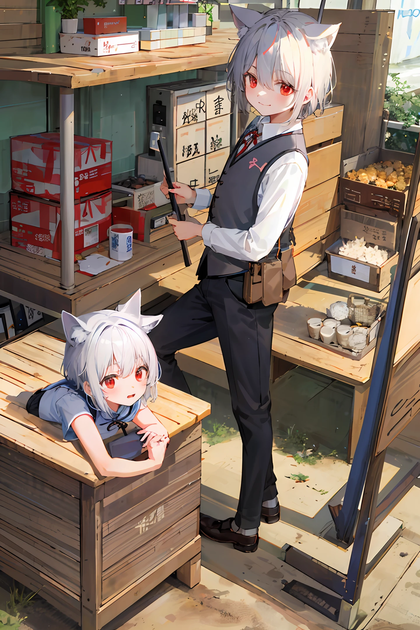 Cat ears, white hair and red eyes,  boy