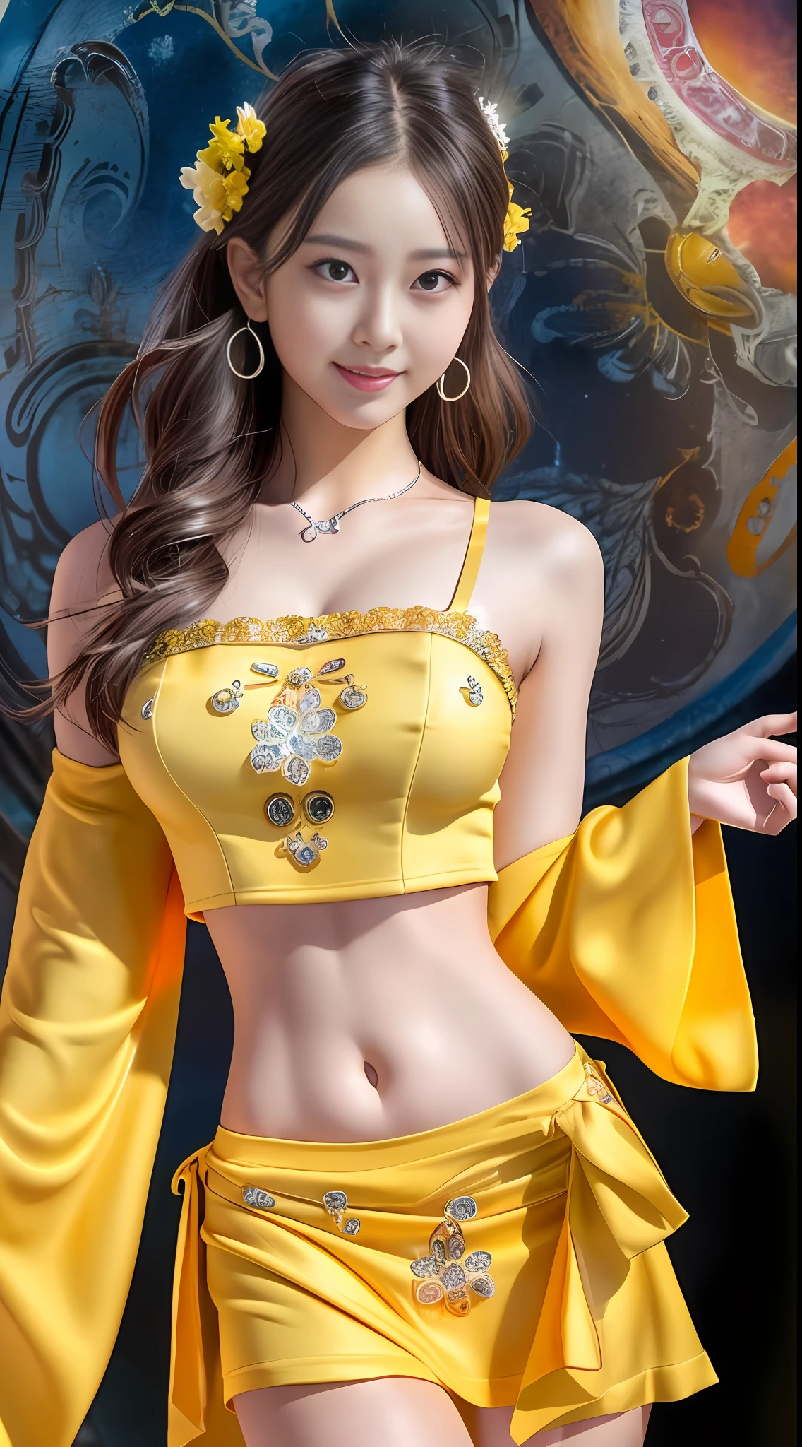 Smiling minchen, mouth closed, balanced eyes, (Best Quality Detail: 1.2), Realistic, 8K HD, Ultra-detailed, High Quality Texture, Intricate Detail, Detailed Texture, Fine Detail, High Detail, Very Detailed CG, Delicate Beautiful Delicate Face, (Delicate Beautiful Delicate Eyes: 1.32), Very Bright Lighting, Ray Tracing, (A Beautiful 25-Year-Old Cute Japanese Lady: 1), Proud, Tall Feminine, Beautiful Legs, Glowing Eyes, Blush, Very White Skin, Perfect Body Petite, Silver Tight Bra, [Brown Skirt]: 1, Stockings and suspenders: 1.2, long hair, short pink skirt, comfortable living room, sun, hands open, earrings, necklace, model, looking at the audience, standing pose, from the side, dynamic pose, front