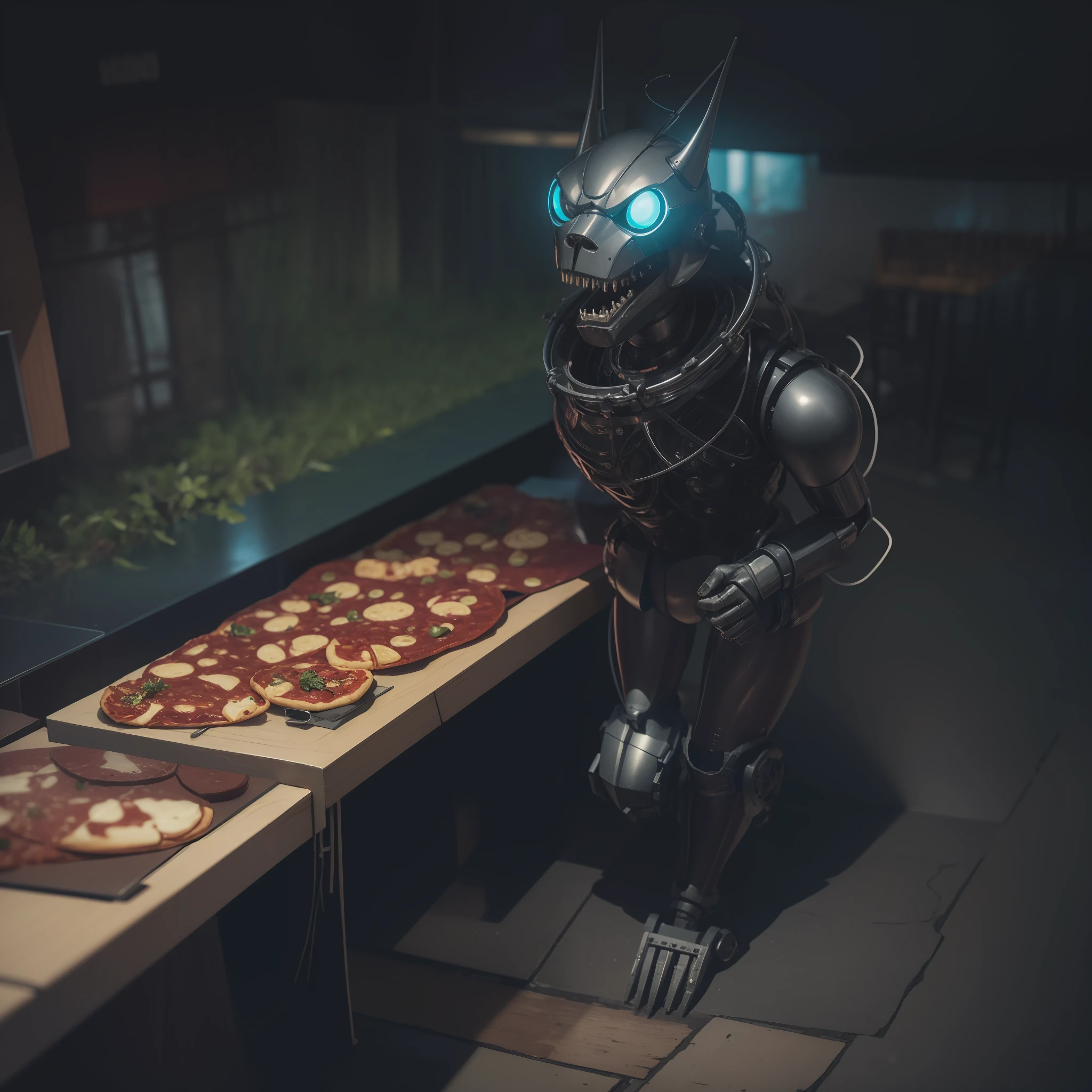 The animatronic from FNAF is walking between the tables at the pizzeria, a popular children's restaurant. The animatronic is wearing a costume and carrying a microphone, as it's ready to perform for the children. The pizzeria is dark and quiet, with only the sounds of footsteps and the animatronic's movements. The atmosphere is somewhat creepy, with the animatronic looking like a silent and menacing entity. The image has a horror vibe, and shows the animatronic's preparation before it's performance.