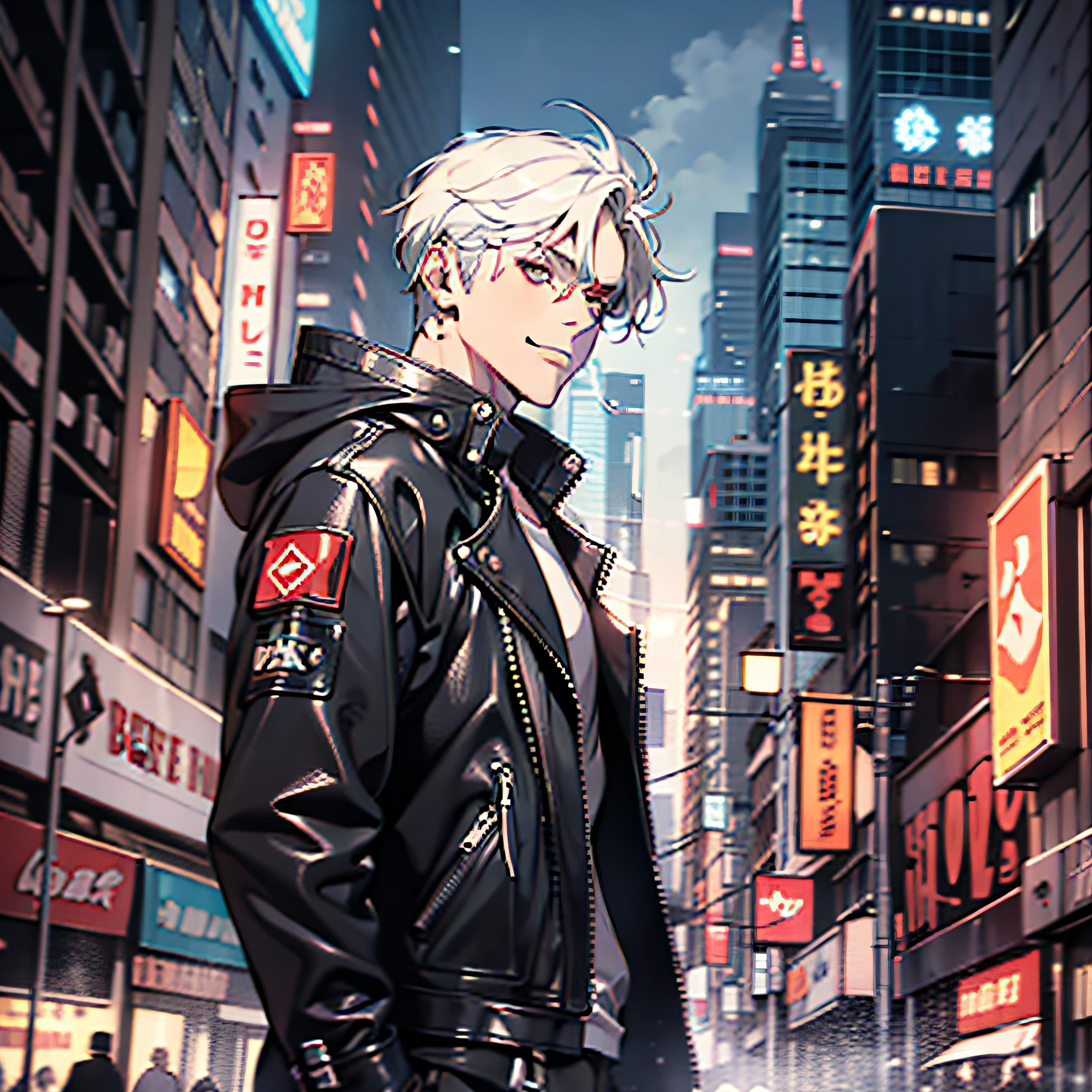 (absurd, tall, ultra detailed), 1 man, adult, handsome, tall and muscular face, broad shoulders, white hair, finely detailed eyes, portrait, looking at the viewer, solo, mid-plane, detailed background, detailed face, (CYBERpunk NIGHT CITY), mischievous smile, renegade, dark and rough leather clothes BLACK AND RED, small leather bag, cyberpunk scenery, rock nightclub alley background, stealth, disguised, (boxes in the background), shadows, mist, (Dutch angle), mouth closed, guitar on the back