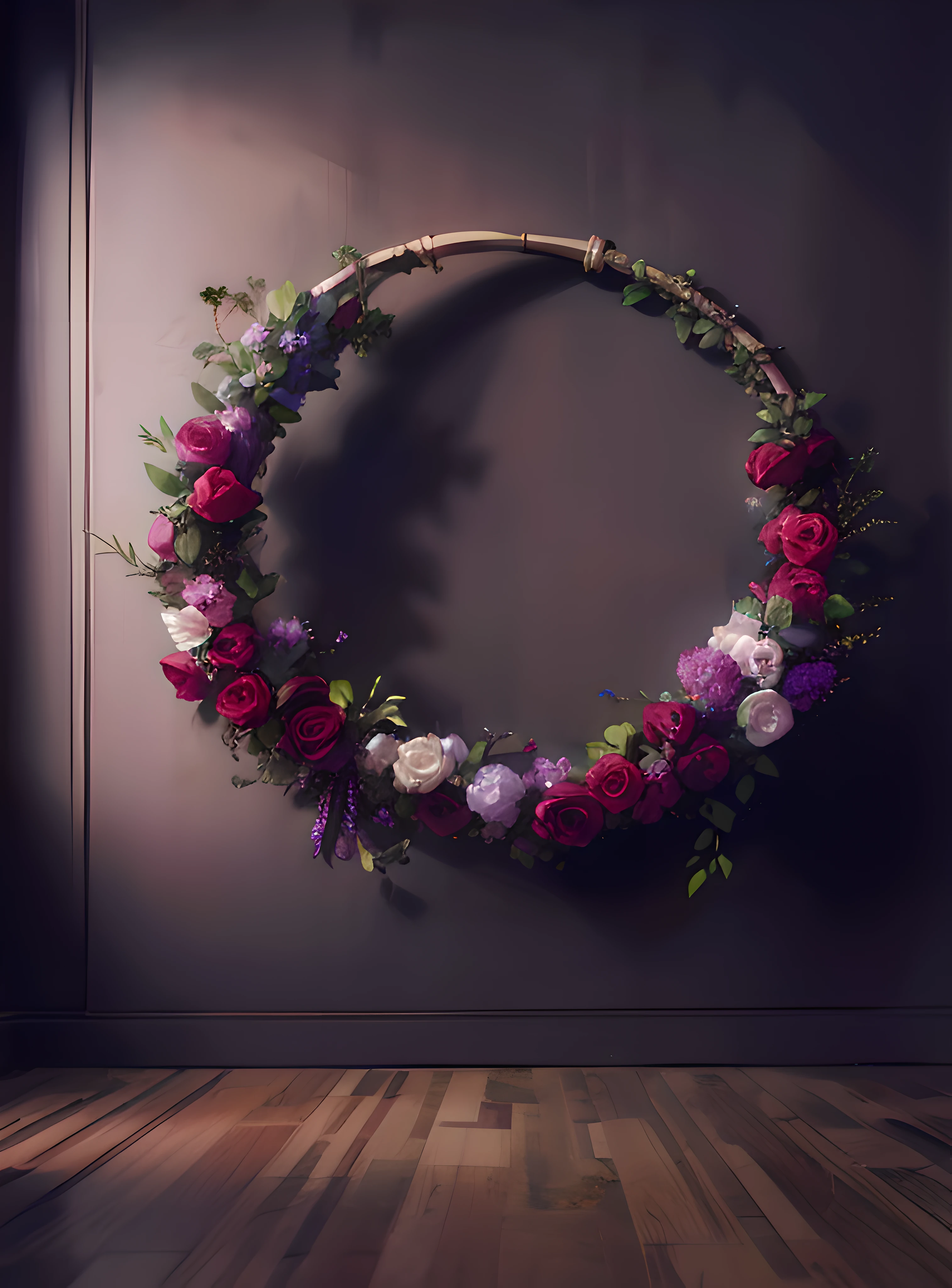 a close up of a wreath of flowers on a wall, portal made of roses, made of dried flowers, made of flowers, made of flowers and berries, flower frame, still life photo of a backdrop, floral design, made of colorful dried flowers, ornamental halo, a hyper realistic, photographic render, floral couture, made of flowers and leaves, beautiful composition