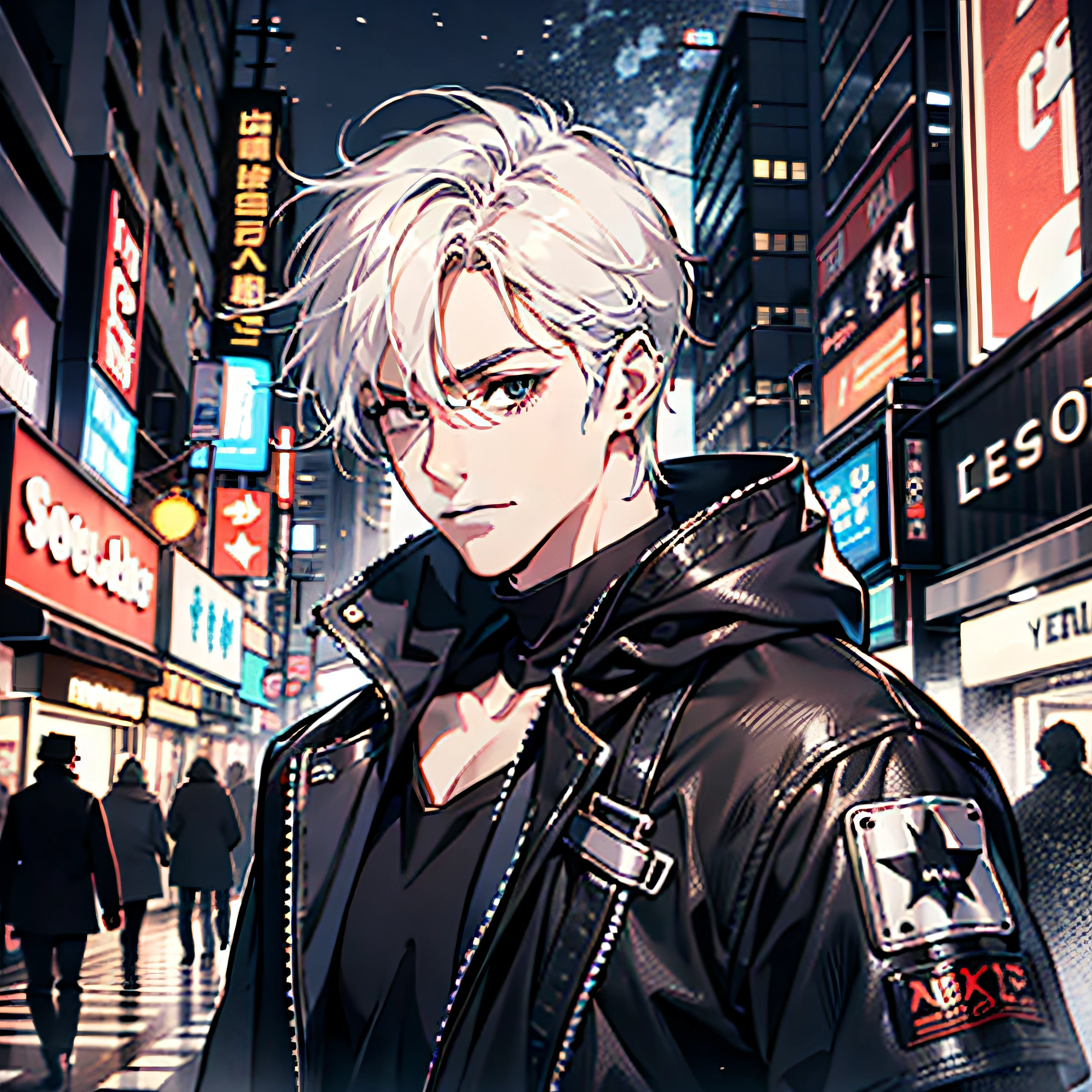 (absurd, tall, ultra detailed), 1 man, adult, handsome, tall and muscular face, broad shoulders, white hair, finely detailed eyes, portrait, looking at the viewer, solo, mid-plane, detailed background, detailed face, (CYBERpunk NIGHT CITY), mischievous smile, renegade, dark and rough leather clothes BLACK AND RED, small leather bag, cyberpunk scenery, rock nightclub alley background, stealth, disguised, (boxes in the background), shadows, mist, (Dutch angle), mouth closed, guitar on the back