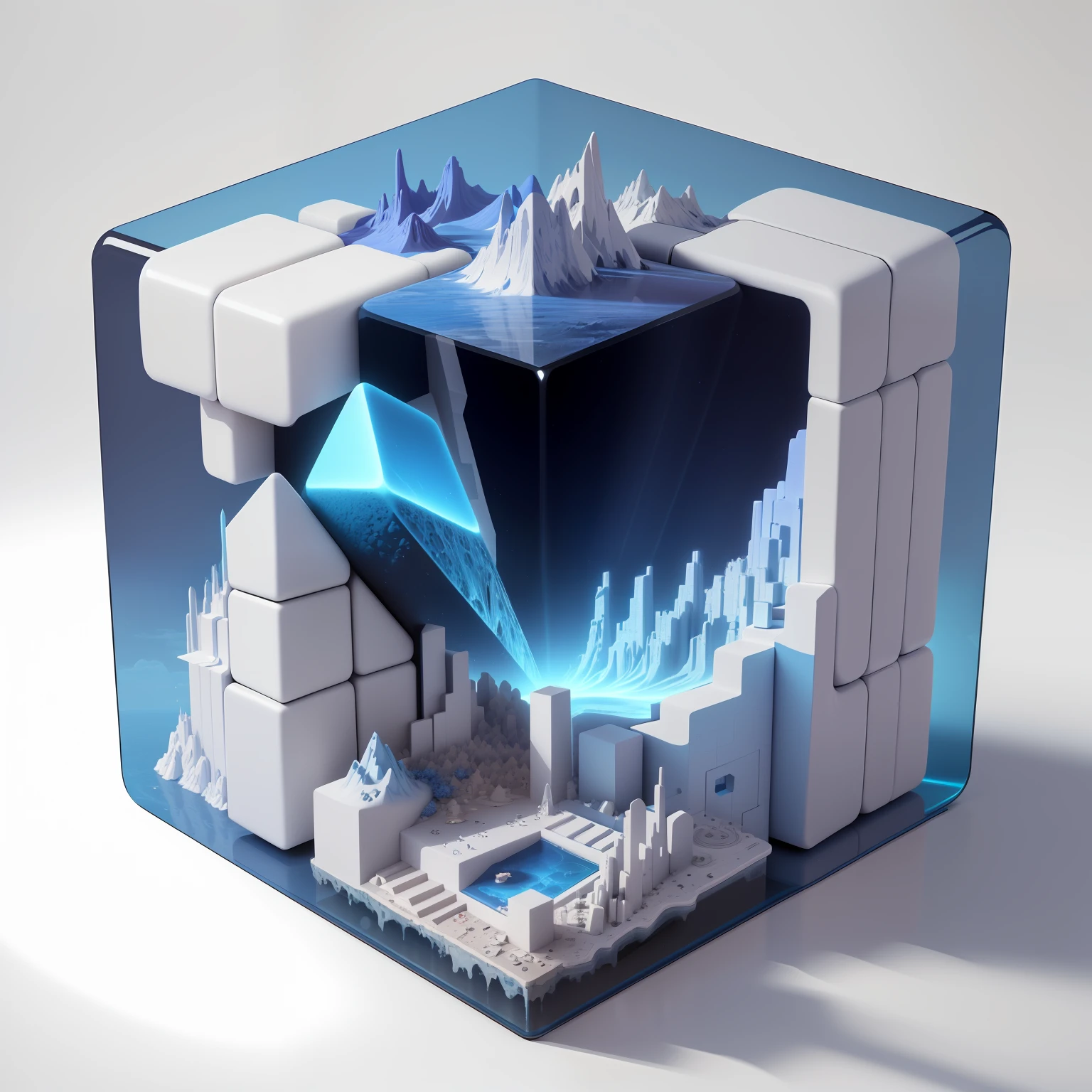 A cool cube of blue and white, layered, layered, (isometric perspective: 1.5), (cool style: 1.2), 3D, panorama, white background, monochrome background, global illumination, ray tracing, modeling, HDR, octane rendering, Unreal rendering, behance, dribbble, artstation, best quality, 8k,