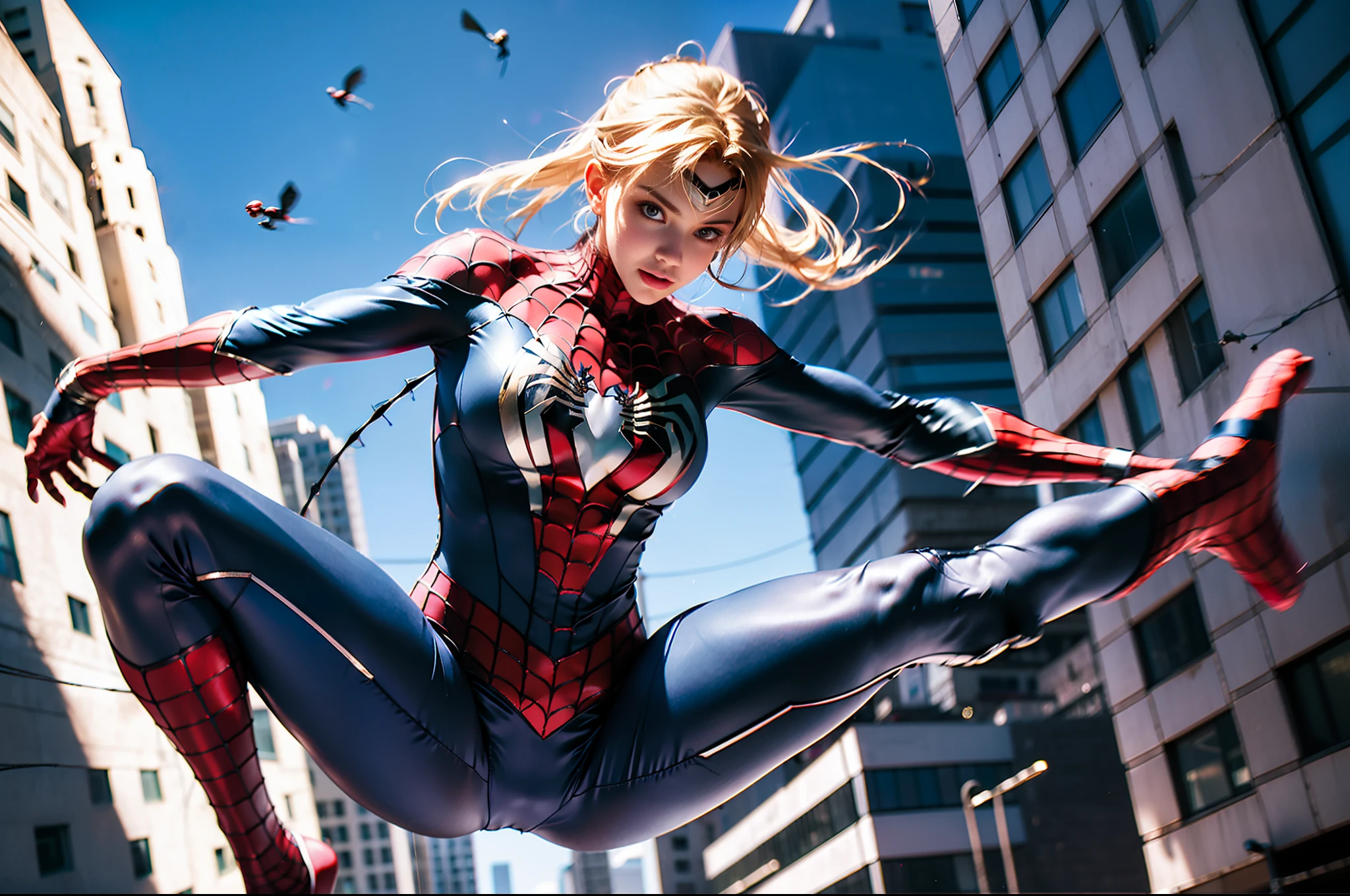 Best quality, superb masterpiece, 8k resolution, movie classic lens, a Spider-Woman, no mask, beautiful face, flying between tall buildings, jumping very high, acting the air twisting, shotting wires, short blonde hair, beautiful face, wearing a sexy Spider-Woman suit, no shoes, showing a beautiful belly, T-back, showing beautiful legs, beautiful gymnastic body, flexible, Body