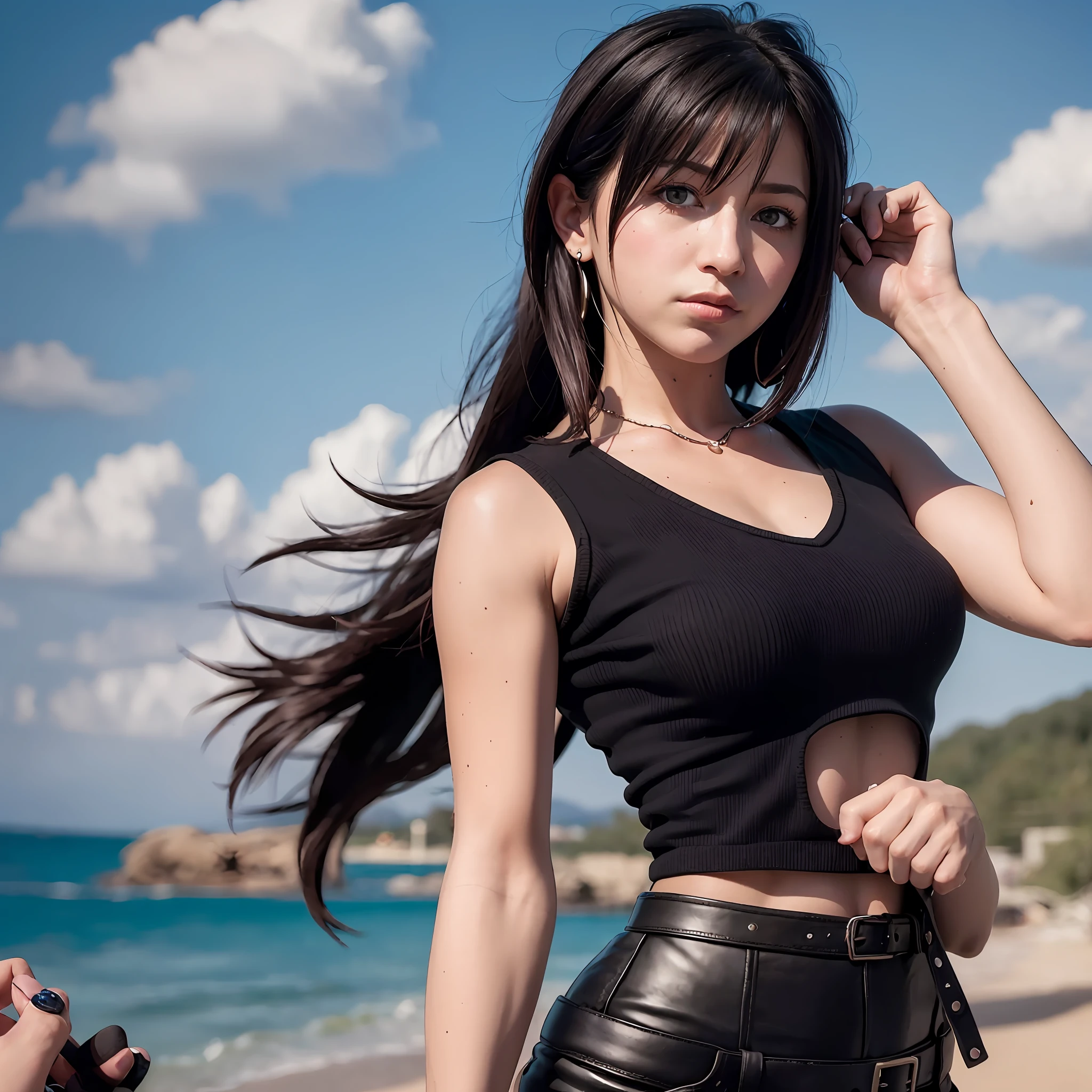 Tifa lockhart, photo real, cloud strife, hand holding, --auto