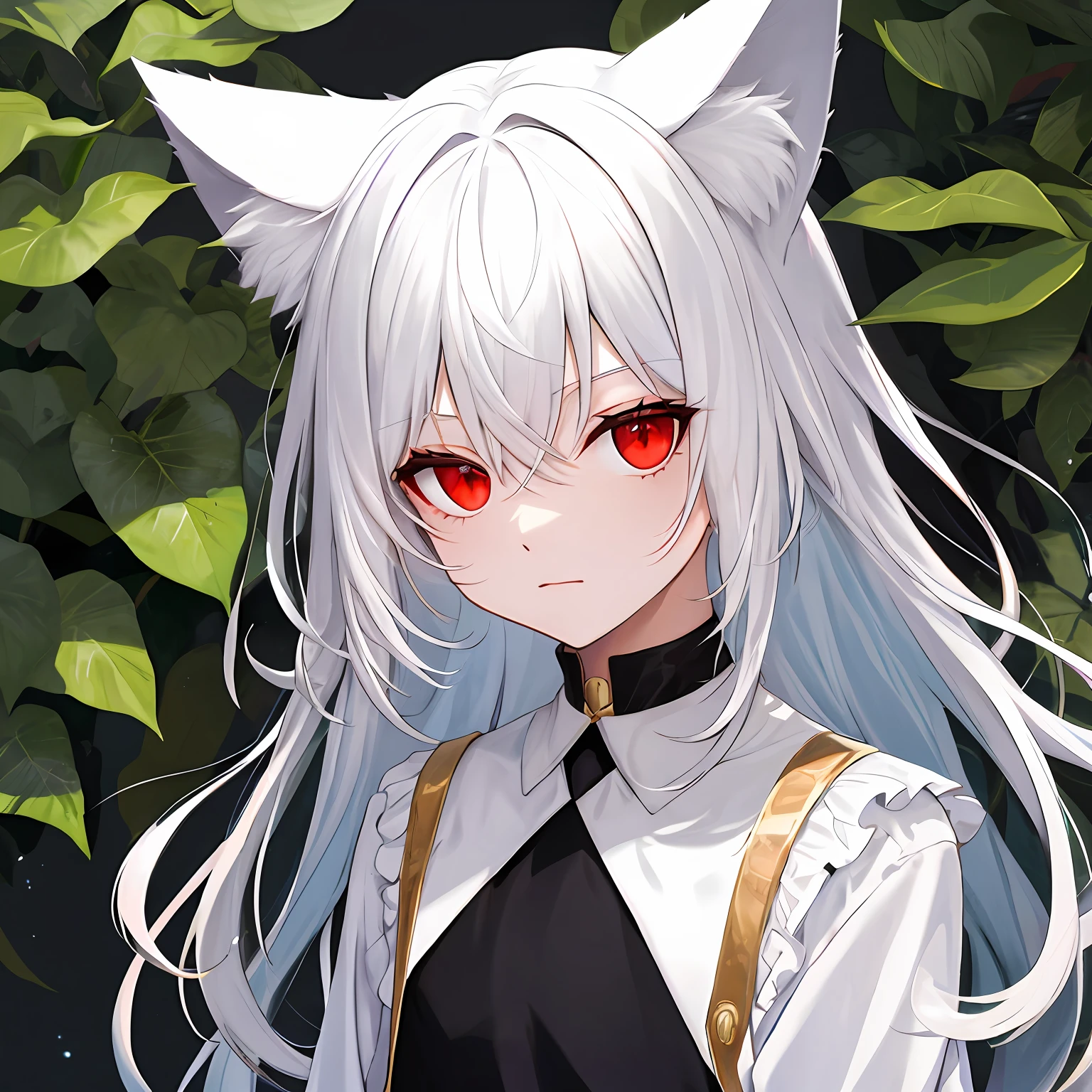 Cat ears, white hair and red eyes, little boy