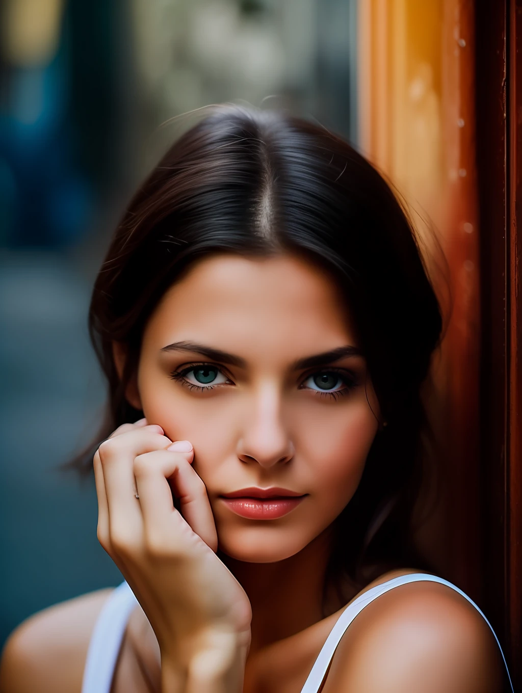 An extreme close up photography of a stunning beautiful woman in the style of Saul Leiter