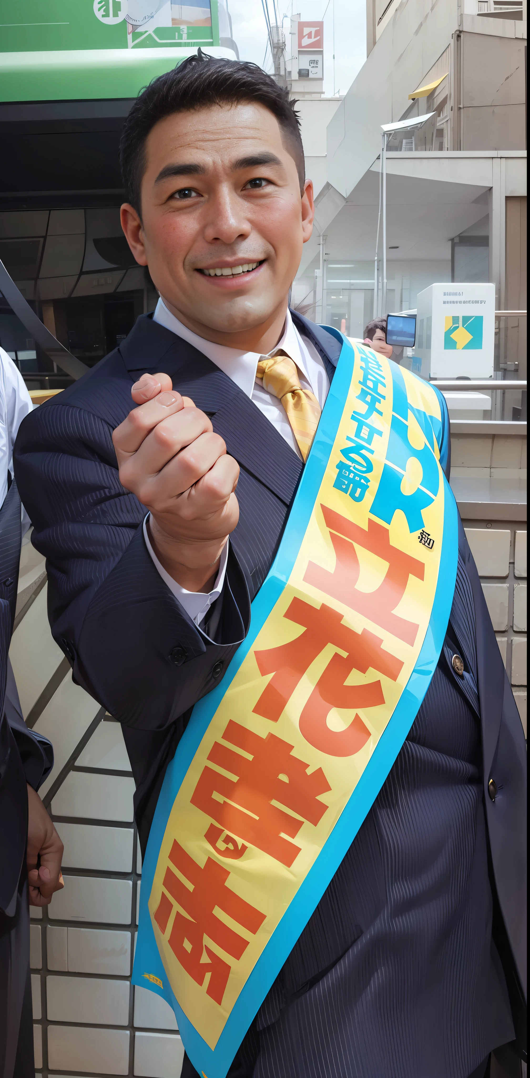 Super detailed, ultra-realistic, top quality, small fat 50-year-old man with big body in suit and tie holding right hand sticking out, soft mohawk black hair, large and rounded face, dark blue suit, yellow tie, Tachibana party leader is elegantly posing above you, Tasuki with Takashi Tachibana written on it, photo from promotional shoot, promotional shot, He is wearing a suit, formal dress, Takashi Tachibana, posing to break NHK, happy smile