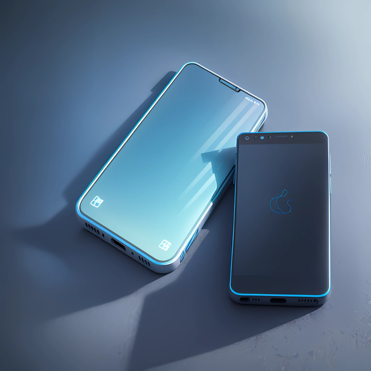 (with infinite background) (ultra quality) Realistic photo of two iphones diagonally in different positions on an infinite background, and with multiple lights --auto