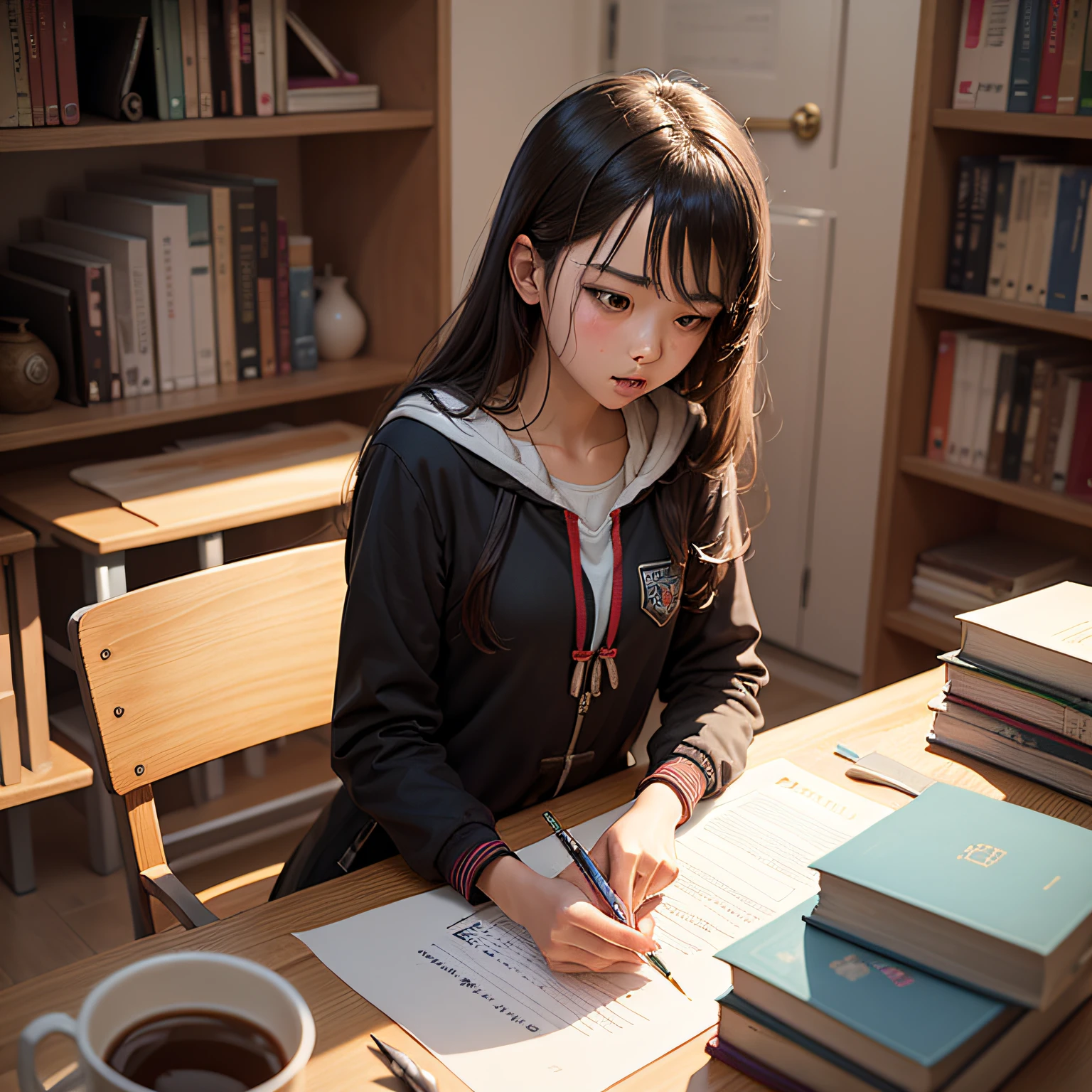 Draw a promotional poster with the theme of "Counterattack and Struggle" of female students: the figure is a junior high school female student studying hard, surrounded by bookshelf desks and various study books, and the painting needs to add the two very popular style Chinese Chinese characters "Counterattack". --auto