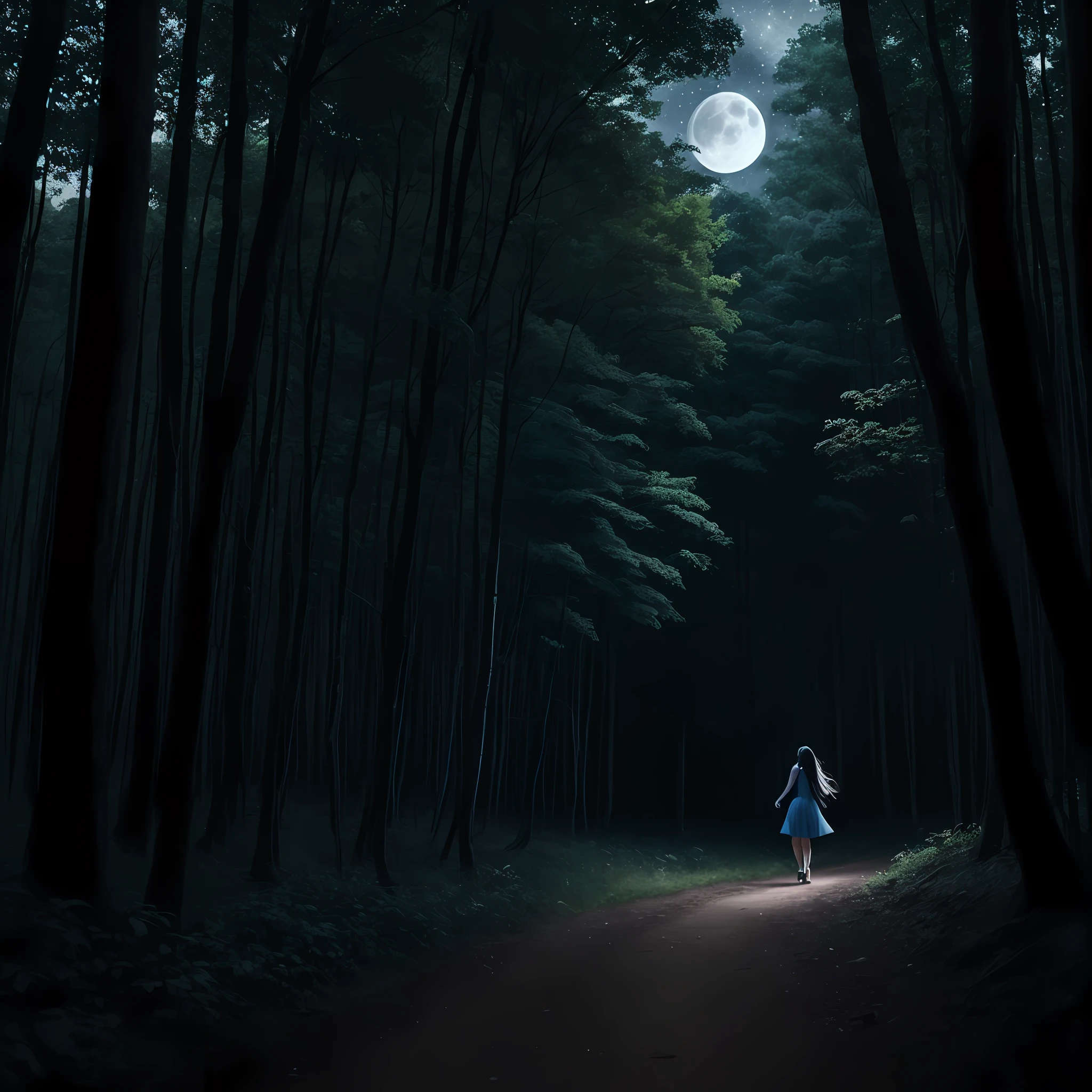 Woman with long black hair, white skin, black eyes, wearing a blue dress walking in a forest at night being illuminated by the light of the moon --auto