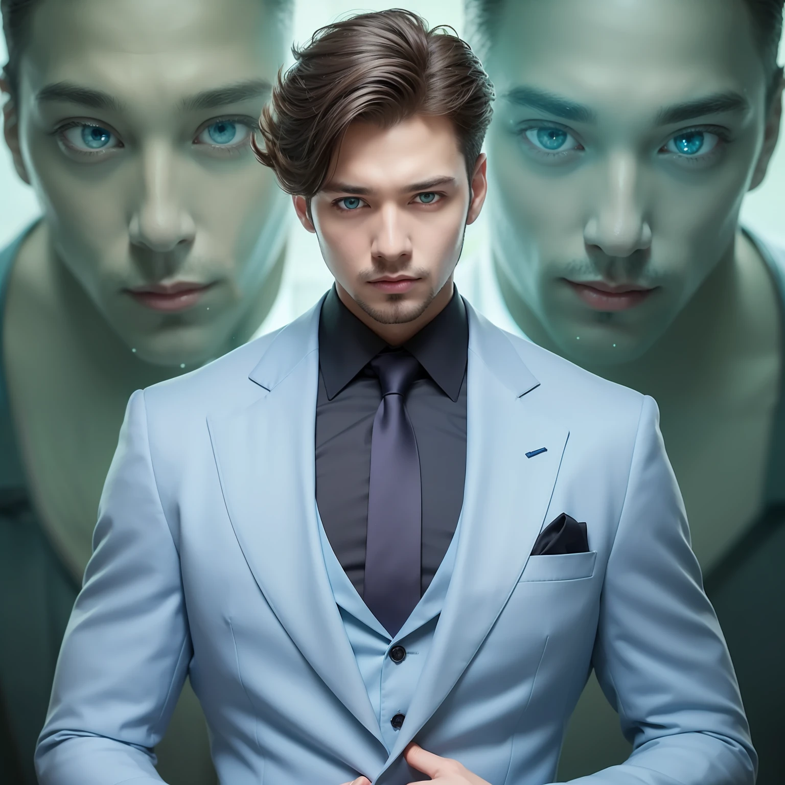there is a handsome man with a blue suit posing for a picture, a hyper realistic painting, clear symmetrical eyes, cute round green slanted eyes, clear green eyes, piercing glowing eyes