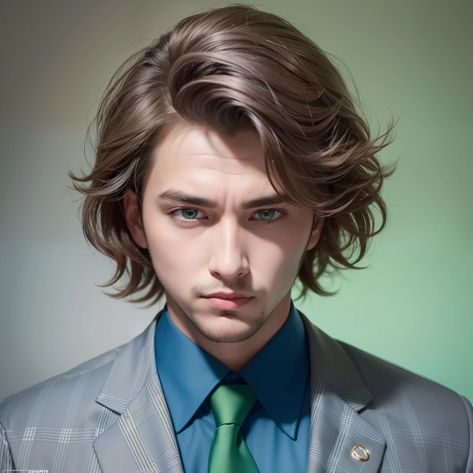 there is a handsome man with a blue suit posing for a picture, a hyper realistic painting, clear symmetrical eyes, cute round green slanted eyes, clear green eyes, piercing glowing eyes