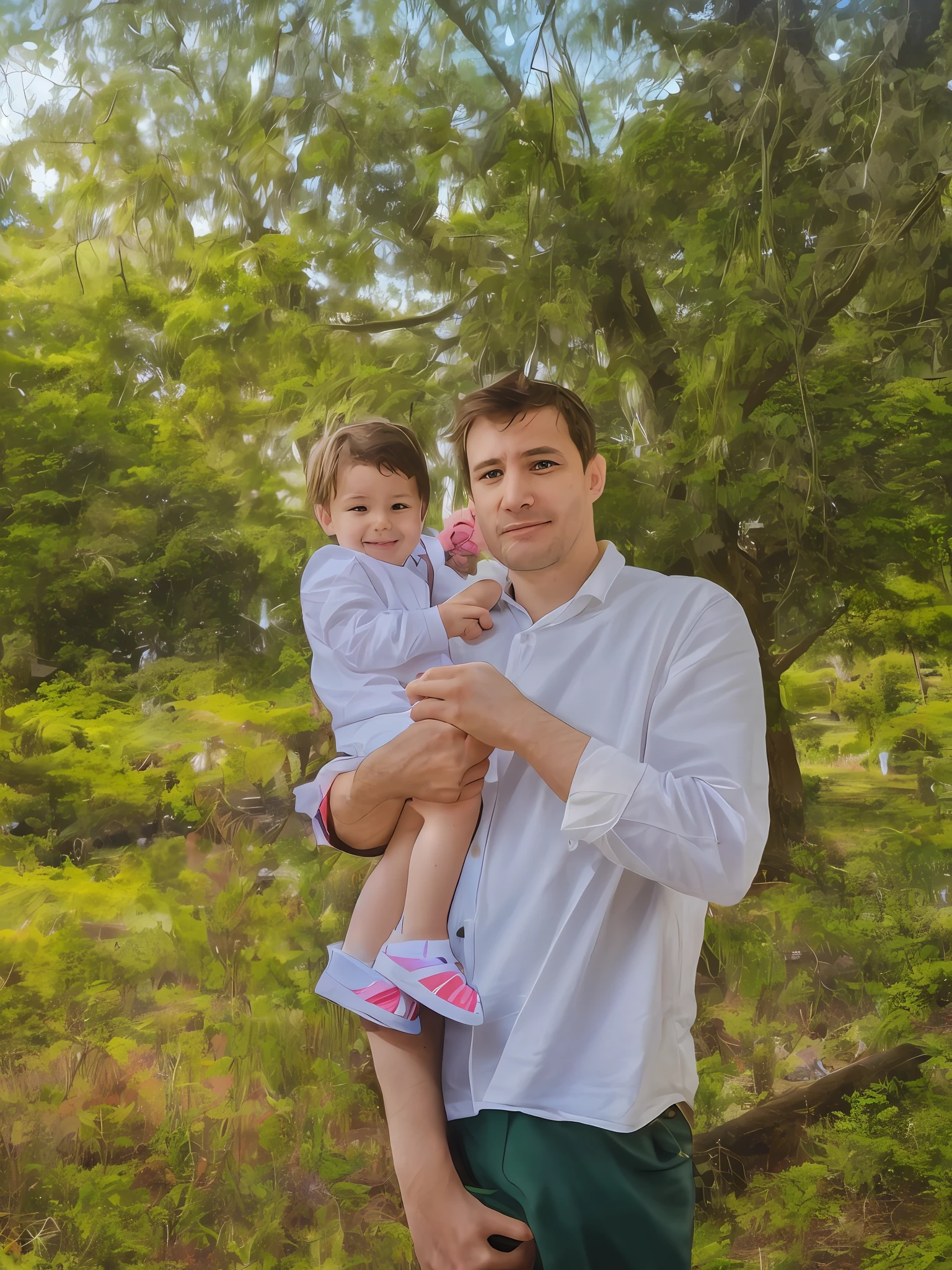 there is a man holding a child in his arms in the park, father with child, with a tree in the background, portrait image, with a kid, ayanamikodon and irakli nadar, against the backdrop of trees, in front of a forest background, portrait 4 / 3, by Sam Dillemans, in a tree, wearing white houres