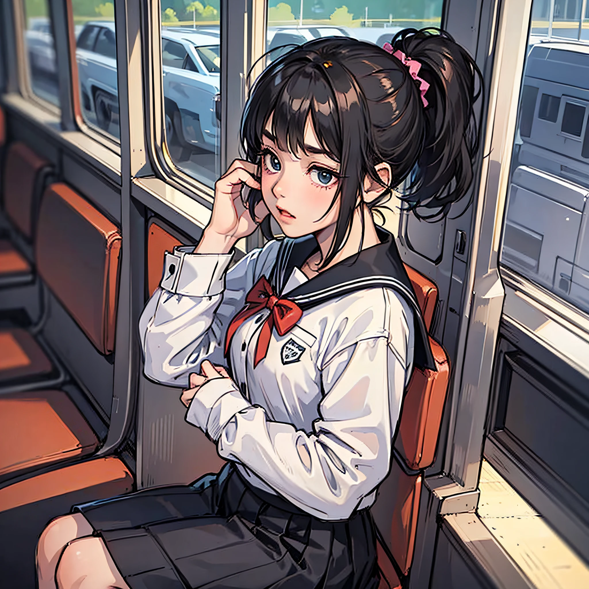 A little girl in a black ponytail, wearing a white school uniform, sitting in the bus, irritable, scratching her head with both hands