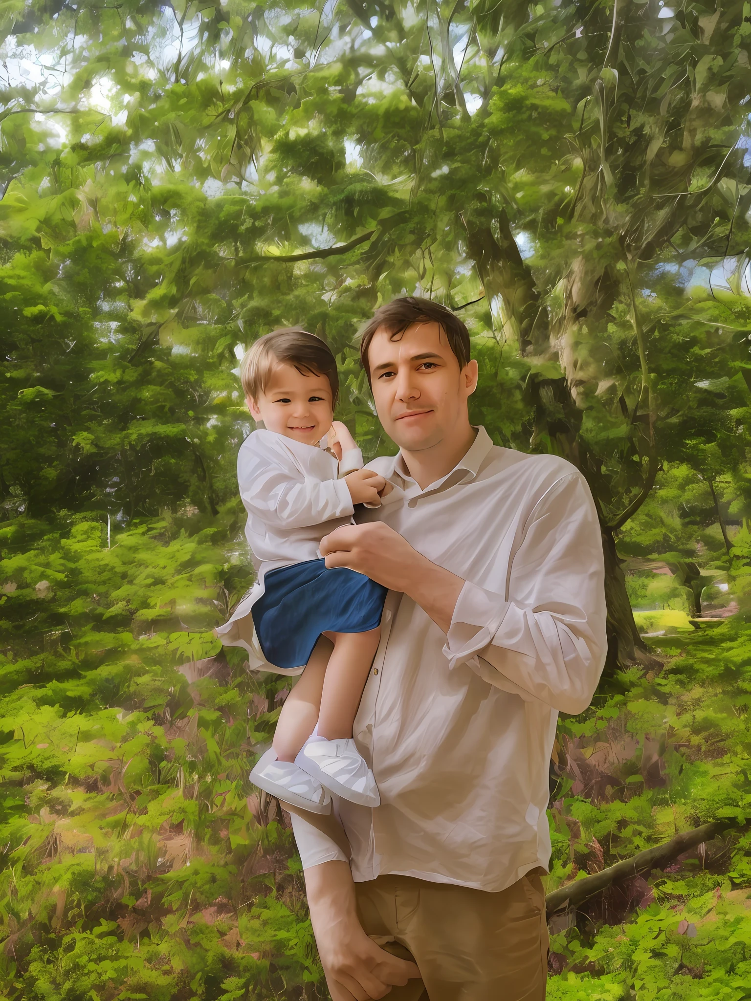 there is a man holding a child in his arms in the park, father with child, with a tree in the background, portrait image, with a kid, ayanamikodon and irakli nadar, against the backdrop of trees, in front of a forest background, portrait 4 / 3, by Sam Dillemans, in a tree, wearing white houres