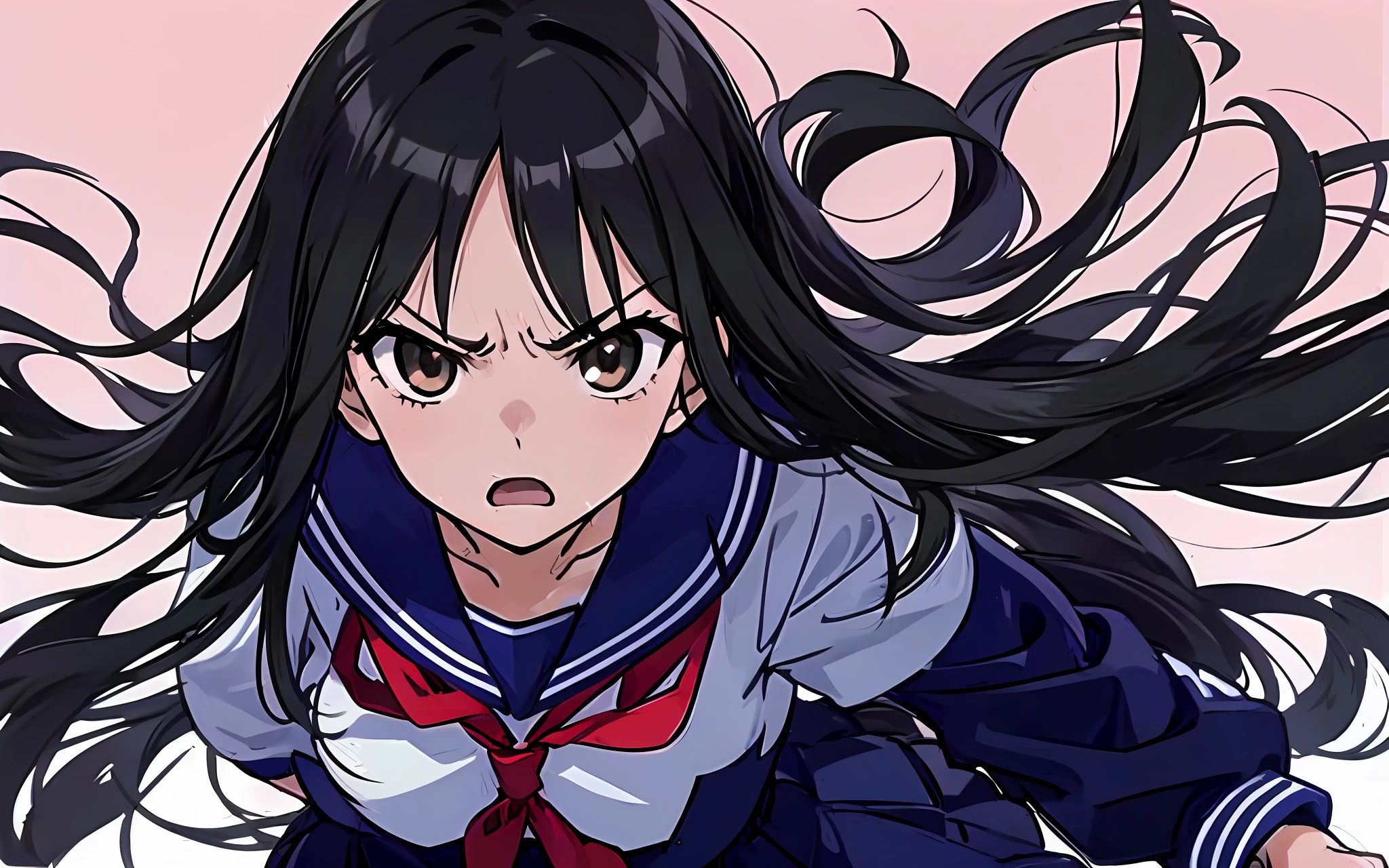 Girl with long black hair and navy blue sailor suit, Nagatoro, Hinata Hinata, Big, Marin Kitagawa fan art,, Shoko Nishinomiya, fleet collection style, big, anime style, anime moe art style, big!, as anime character, official art, big angry glaring brown eyes