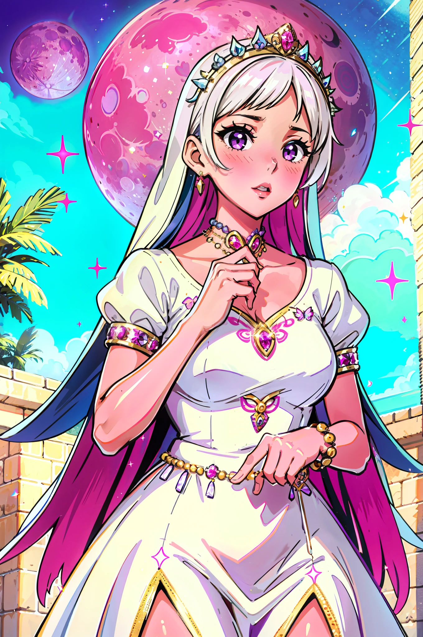 (masterpiece, best_quality, ultra-detailed, immaculate:1.3), illustration, 11girl, (pink moon), blue butterflies, jewels and glitter, shiny, pretty, fancy, beads, bedazzled , jewelry, charms, white hair, purple eyes, blush and flustered extpression, cinamatic, dramatic, cute, white dress with pattern, duckies, duck, cute