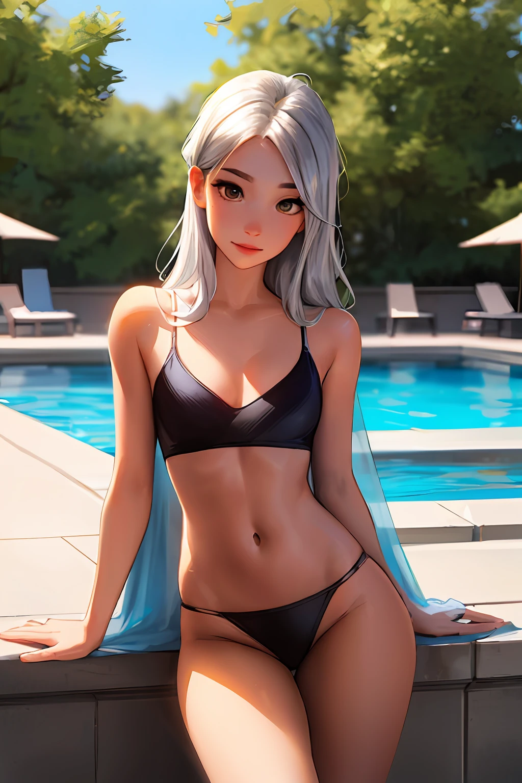 A beautiful girl in a sexy white bikini swimsuit sitting by the clear blue pool, the girl in the photo is standing alone, alone, full and natural breasts, her face is excellent, her eyes are bright blue, her eyebrows are black, her eyelashes are fluffy, her face has ideal proportions, a neat nose, full of beauty, the girl has a slender waist, long and graceful legs, elegant physique, realistic image, realistic, soft light, high-quality photo, medium format, high resolution, super clear photo, 32k, website 500px, A pair of soul-hooking phoenix eyes charming, silver shawl hair, unison bangs, the fair face seems to be a fairy who has strayed into the dust, slender willow eyebrows, Qiong's nose is slightly upturned, the cherry small mouth is even more radiant, and the hot body makes her a little more sexy.
