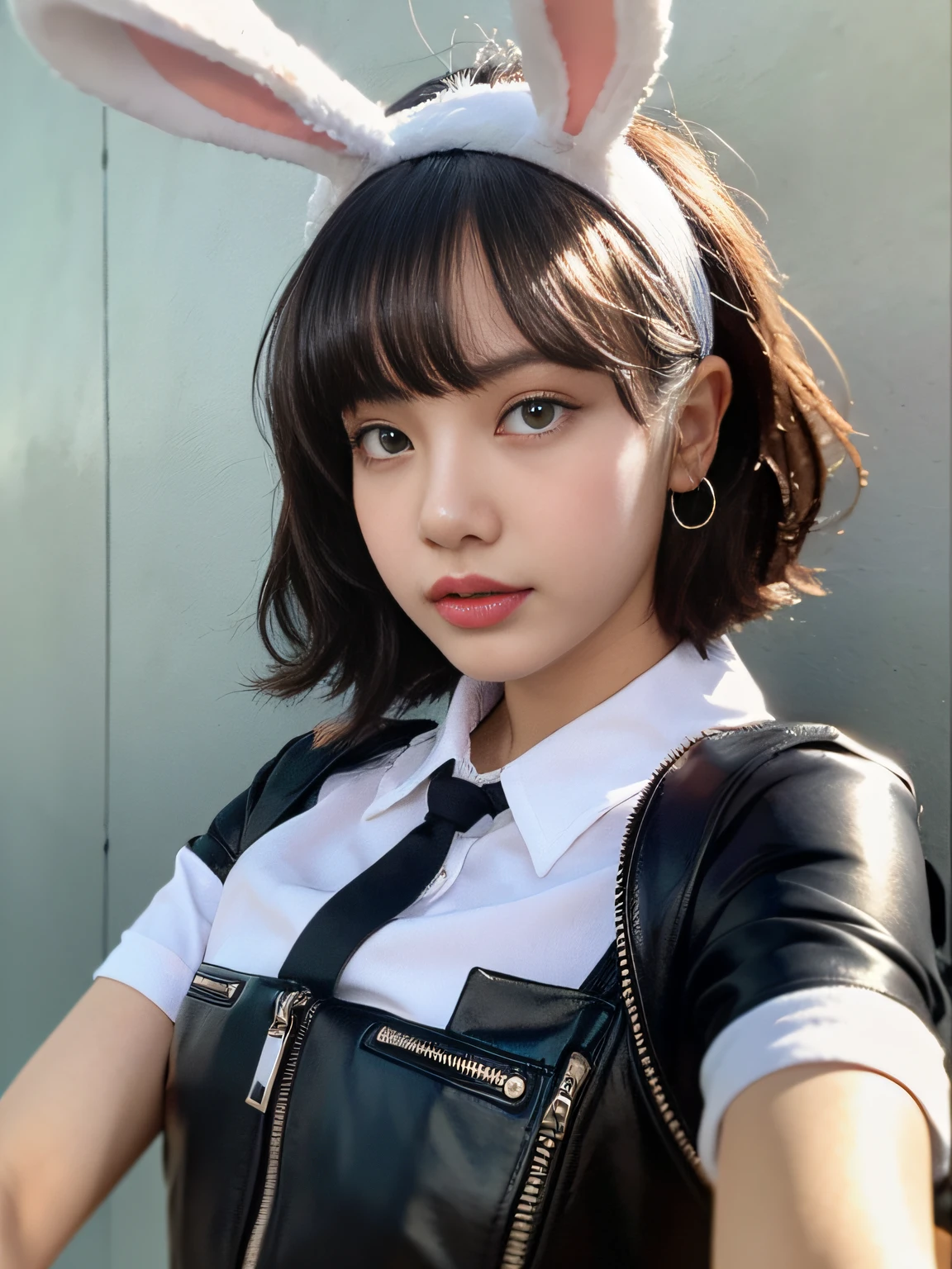 Kim Ji-ni Jennie face, wearing a rabbit headband, wearing a slim white shirt, a short motorcycle vest, tight shorts, gloves, background gray wall, strong contrast, sunlight on the face