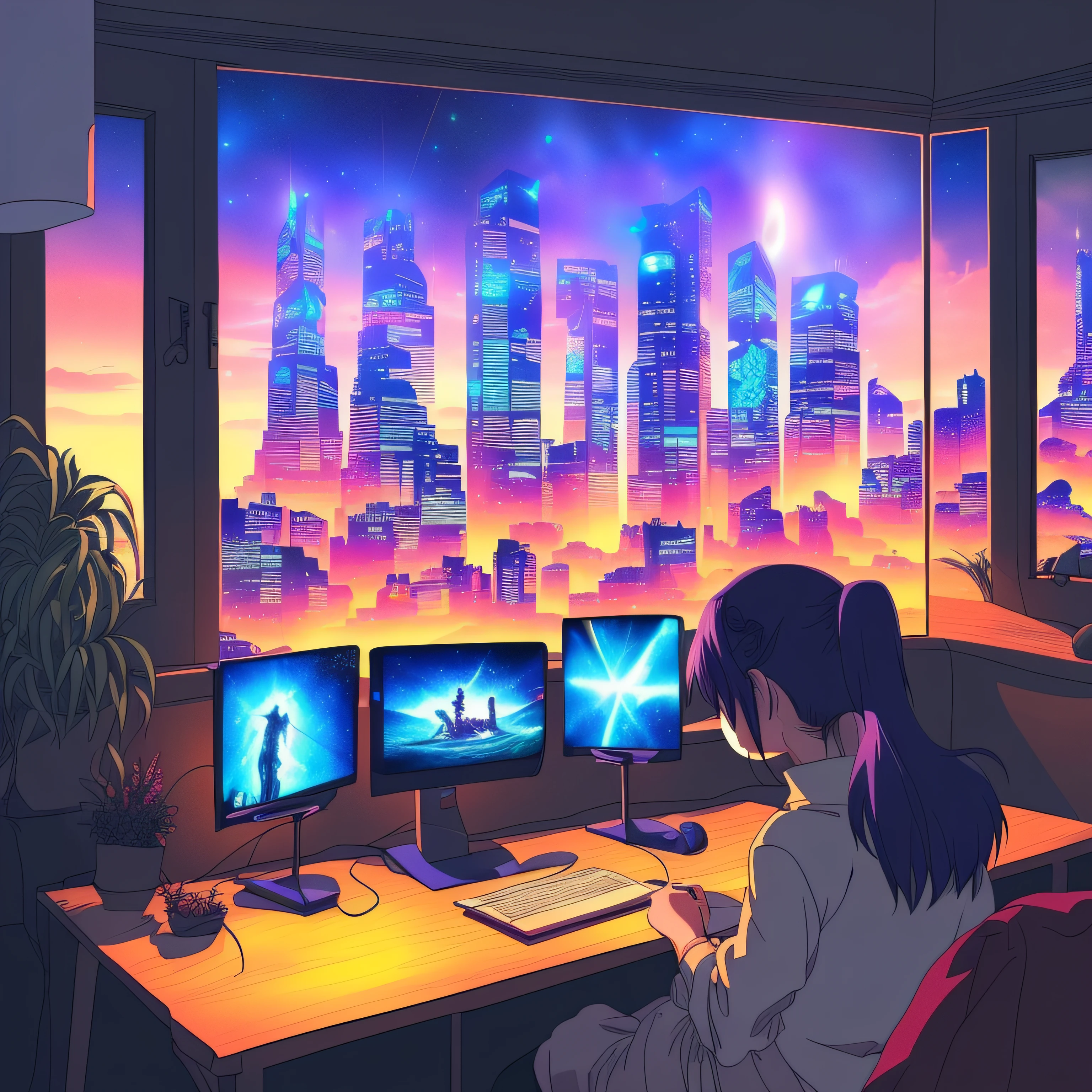 Create a wallpaper that depicts the young woman sitting in her room, with her computer as a portal to a virtual universe. Posters for Dragon Ball Z, One Piece, and Naruto adorn his walls, representing his passion for anime. Through the glass window, a cyberpunk landscape comes to life, merging futuristic elements, skyscrapers and neon lights, forming an immersive environment --auto