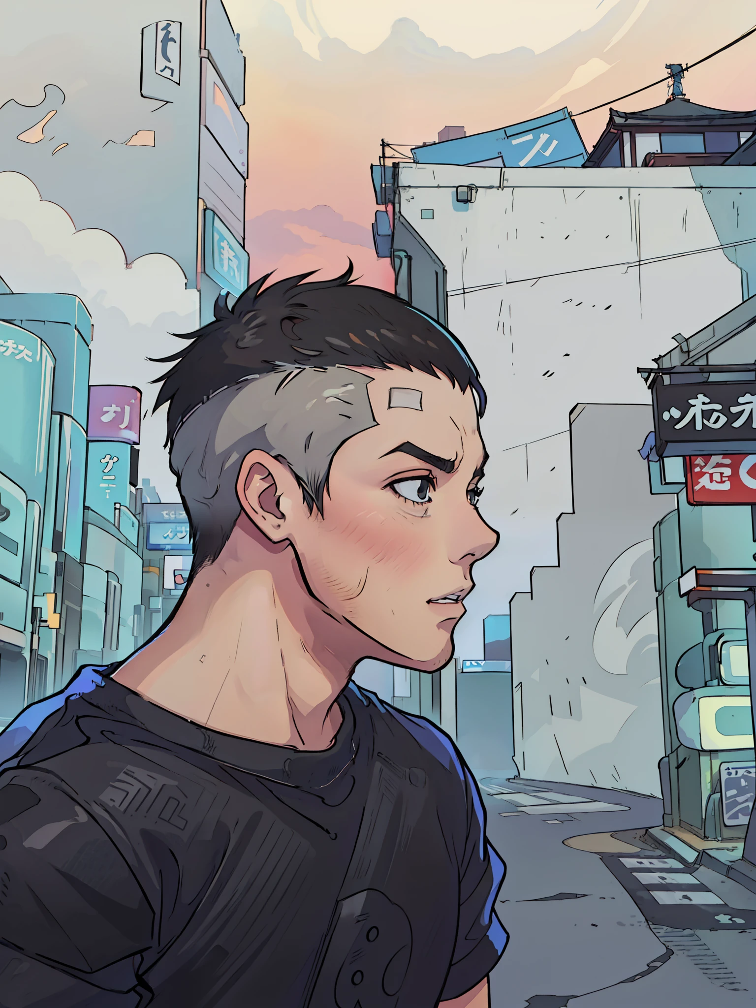 A 20-year-old boy with a Brazilian face and round chin without a beard, short gradient hair, crop haircut, black eyes, no pimples on his face and a black T-shirt with Japanese print written tokyo drift. It's on a night in the alleys of the streets of Tokyo in a cyberpunk style setting, 4k, 2d anime