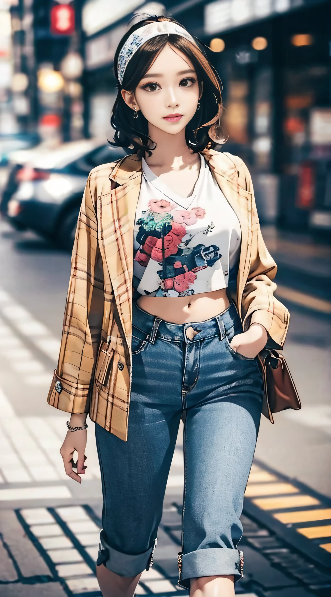 (masterpiece, best quality), beautiful woman, cute printed cropped shirt, jacket, jeans, short wavy hair, headband, asymmetrical bangs, perfect face, beautiful face, alluring, big gorgeous eyes, soft smile, perfect slim fit body, city streets, seoul, bright colors