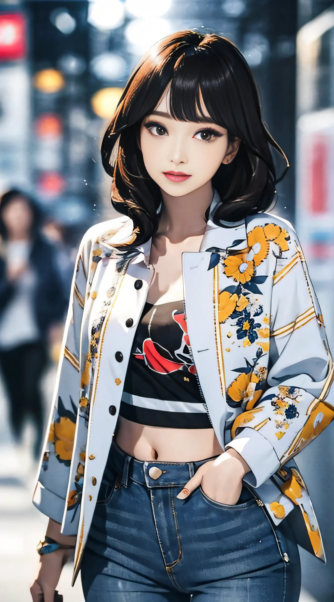 (masterpiece, best quality), beautiful woman, cute printed cropped shirt, jacket, jeans, short wavy hair, headband, asymmetrical bangs, perfect face, beautiful face, alluring, big gorgeous eyes, soft smile, perfect slim fit body, city streets, seoul, bright colors