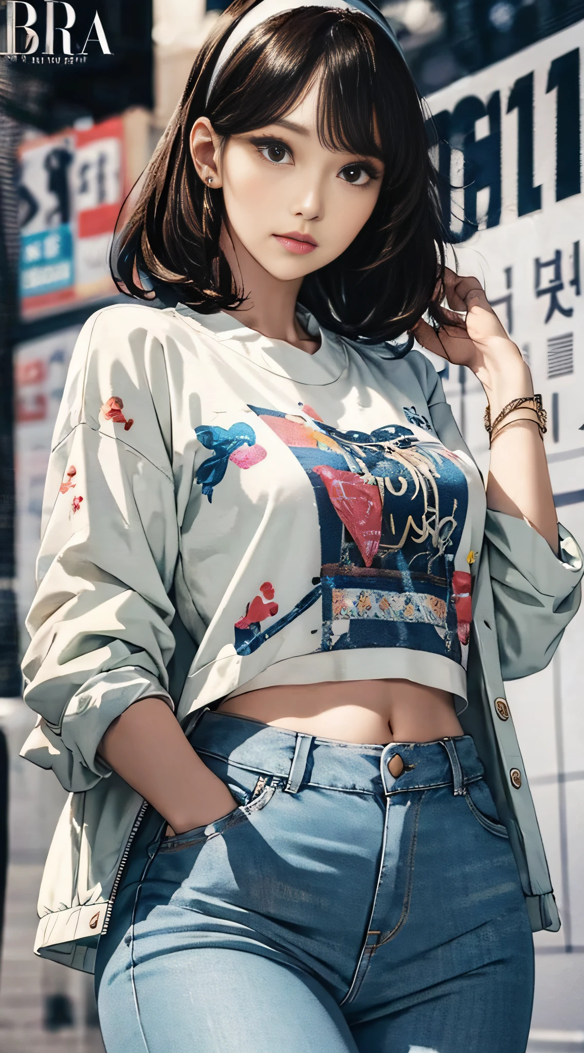 (masterpiece, best quality), beautiful woman, cute printed cropped shirt, jacket, jeans, short wavy hair, headband, asymmetrical bangs, perfect face, beautiful face, alluring, big gorgeous eyes, soft smile, perfect slim fit body, city streets, seoul, bright colors