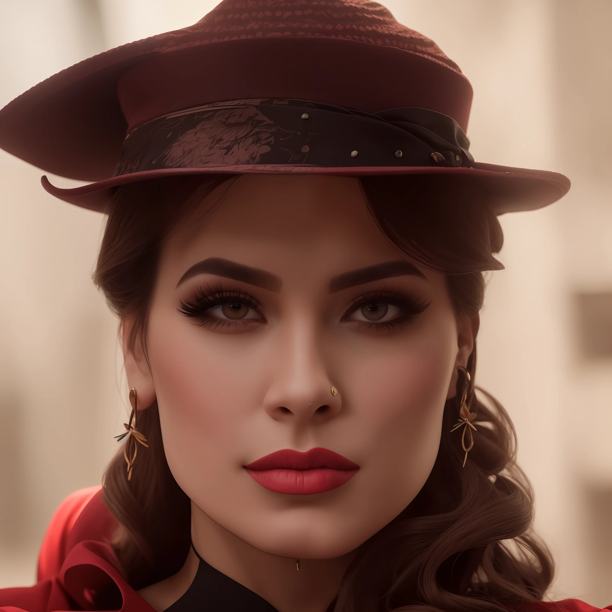 there is a woman with a hat and a red dress, full face close up portrait, closeup portrait shot, gorgeous face portrait, portrait shot, stylized beauty portrait, portrait shot 8 k, detailed beauty portrait, beautiful portrait of a woman, stunning portrait, close up portrait, 8k artistic portrait photography, detailed face of a woman, beautiful portrait