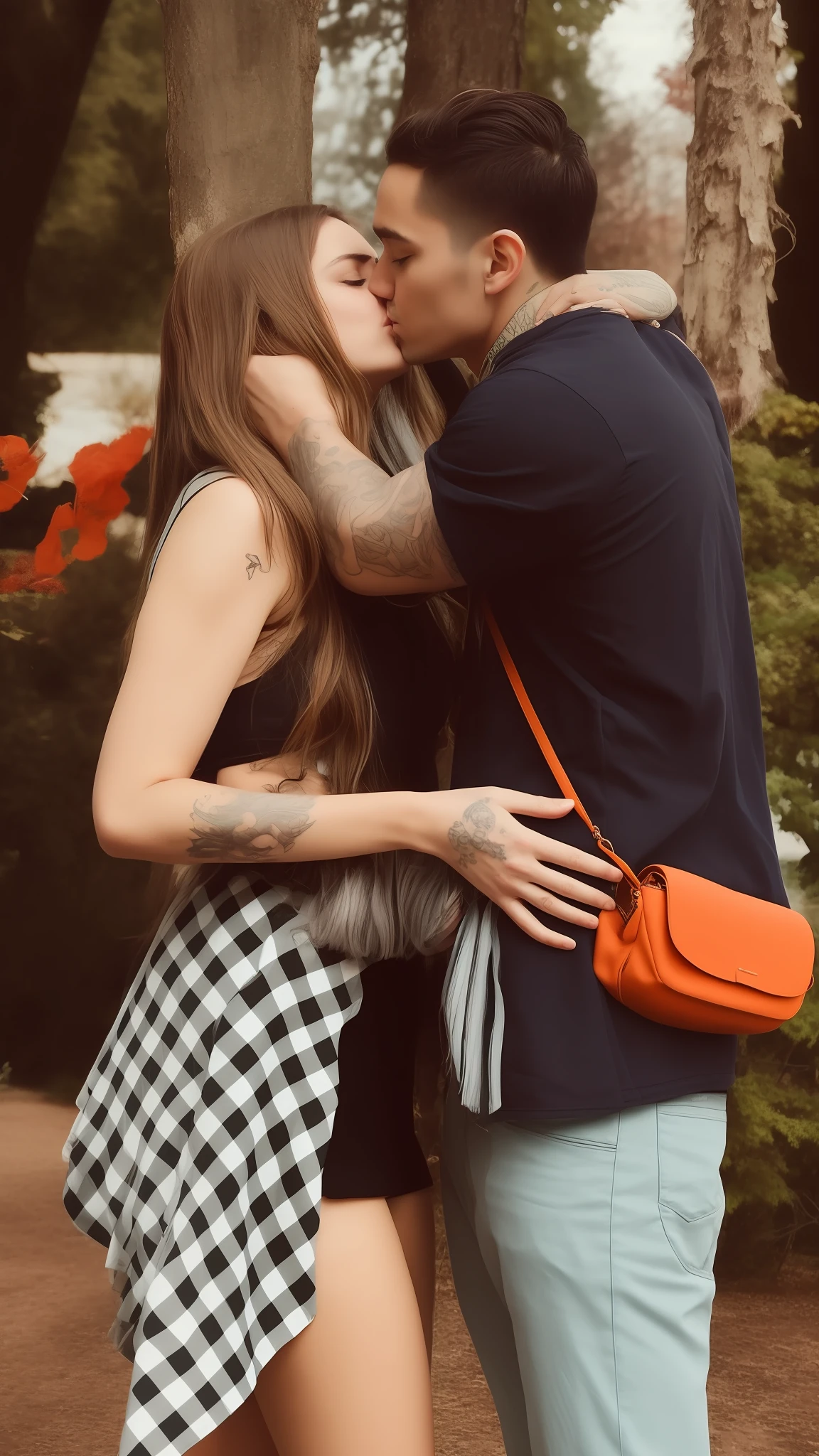 there is a man and woman kissing in the park, by Nándor Katona, couple pose, by Amelia Peláez, by Andrée Ruellan, 🤬 🤮 💕 🎀, they are in love, high quality upload, 😭 🤮 💕 🎀, wearing shipibo tattoos, kissing together cutely, by Matija Jama, couple