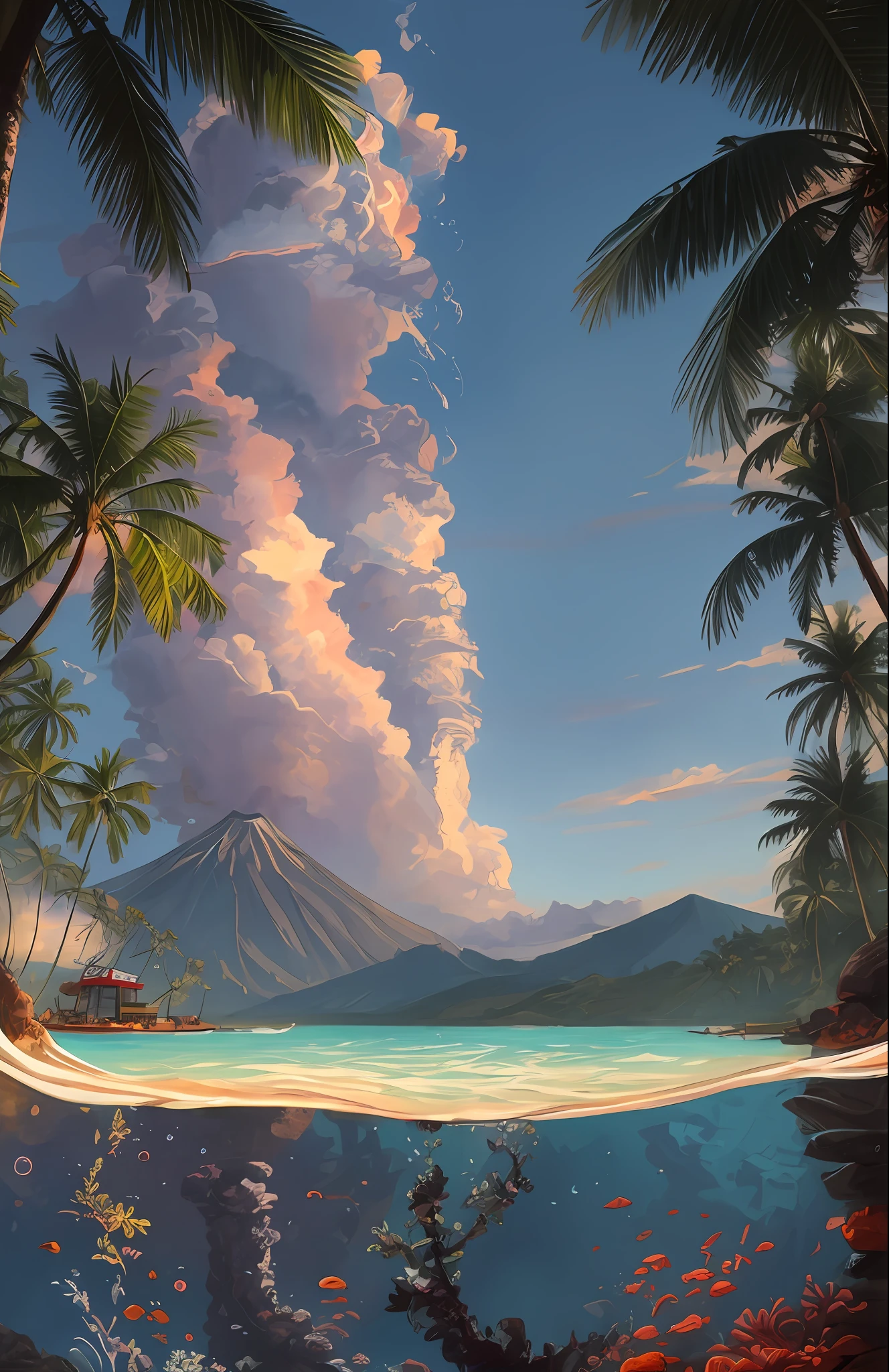 View mountains from the ocean with coral reefs and palm trees and an amazing wallpaper of airplane, beautiful art UHD 4k, magnificent background, surrealism 8k, wallpaper 4k, wallpaper 4k, 4k hd illustration wallpaper, 4k vertical wallpaper, 4k vertical wallpaper, 4k vertical wallpaper, 4k wallpaper, 4k wallpaper, 4k wallpaper, beautiful wallpaper, 4k highly detailed digital art