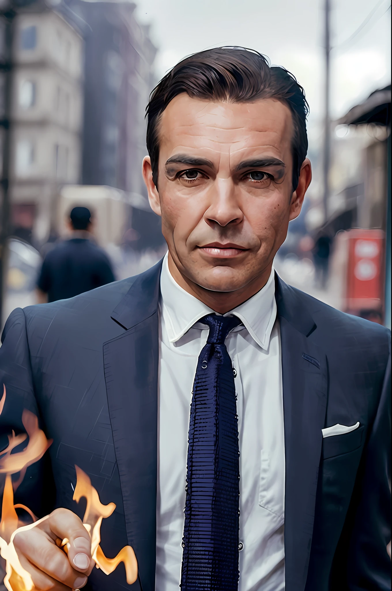 award winning photo of a mature man, sirsean,(realistic, photo-realistic:1.4),(sharp focus:1.4),
(detective:1.2), (fancy suit:1.1), smirk, (ultra detailed face and eyes:1.1), (album art:1.1), slum cyberpunk, frown, (slum old garage:1.1), (artpunk:1.0), unique pose, (trigun:1.1), (masterpiece:1.1), best quality, run-down, ultra high detail, (by antoine blanchard and casey baugh:1.1), (by zdzislaw beksinski:0.8), extremely intricate, extreme detail, raytracing, reflections, beautiful lighting, (harsh lighting:1.1), (High Saturation Clarity Contrast, deep levels, sharp, retouched, color graded:1.1), soft lighting, cinematic, (heavy contrast:1.2),dimly lit,,burning,breathing fire, explosion,fiery tail,