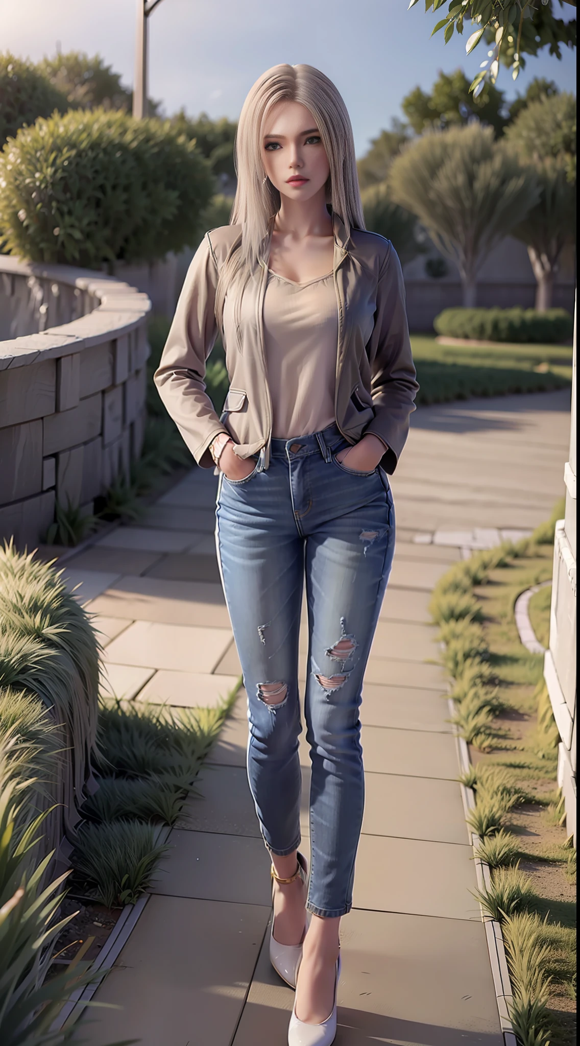 Ultra High Resolution, Realistic, Photo Realistic, Imagination, (Reality), Clear Sky, Composition, (HDR:1.5), Outdoor, Intricate Detailing, Jacket, Legag Jeans, 8K, Standing, Full Body, Long Legs, Looking at the Viewer, Hands in Pockets, Red Lips, White Shoes,