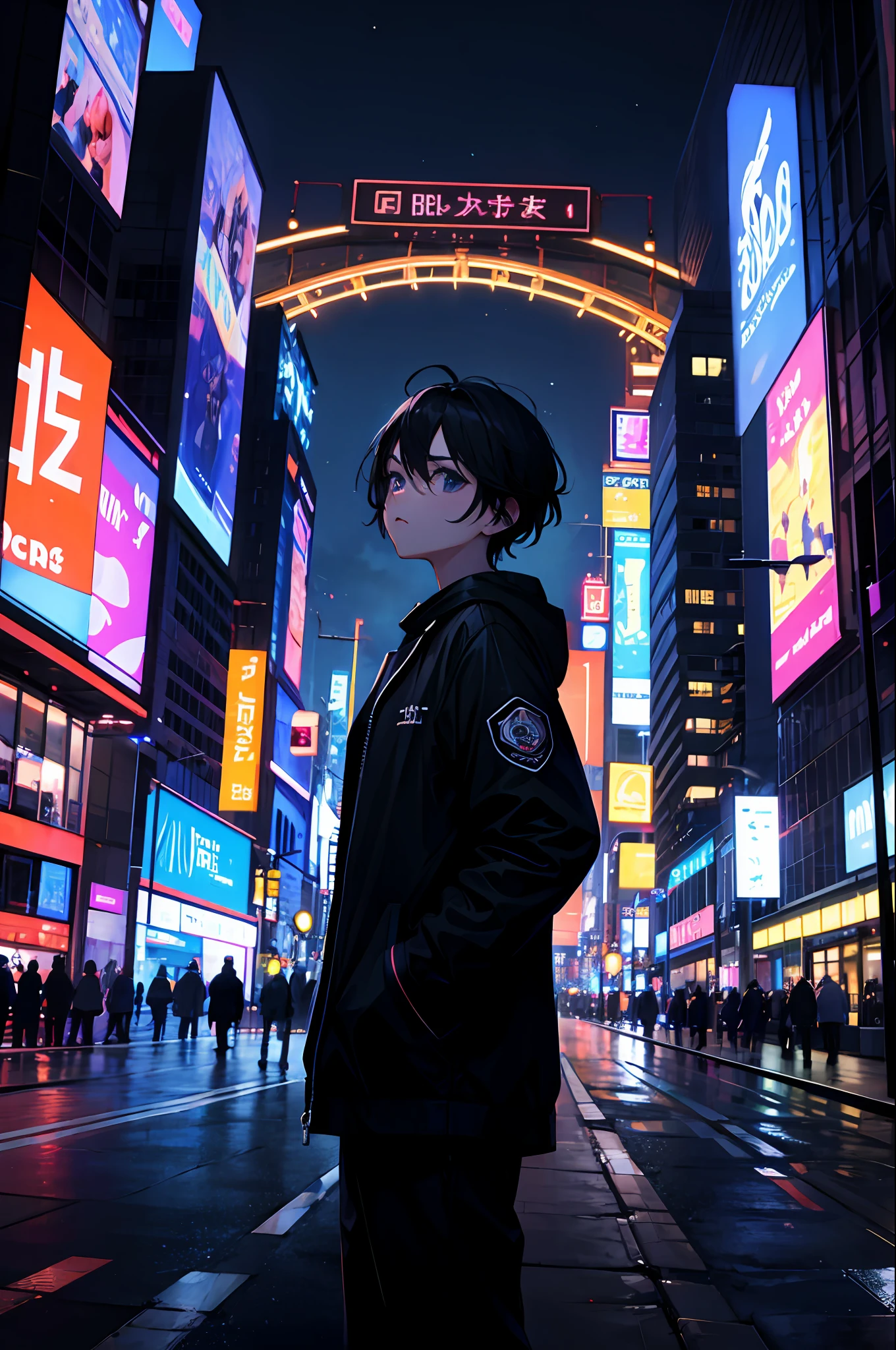 black light, 1man, out, night, city lights, serious face, black eyes