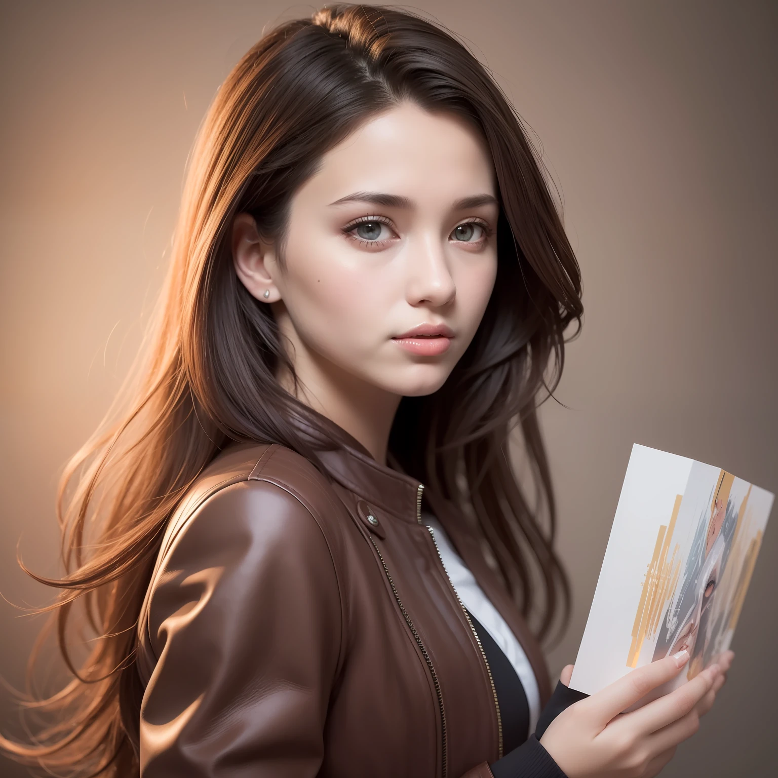 photo realism, half body portrait of a young woman, 20 years old. beautiful realistic eyes; fantastic face, Caucasian, beautiful look, leather jacket, Storybook style, warm dreamy lighting, white background, volumetric lighting, pulp adventure style, fluid acrylic, dynamic gradients, vivid color, illustration, highly detailed vector curves, simple, smooth and clean, vector art, smooth, character design, cinematic, ornate patterns, elegant organic framing, hype realism, masterpiece, lush vivid colors, twilight