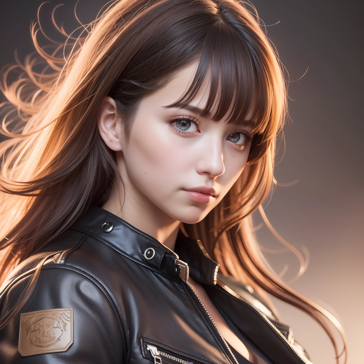 photo realism, half body portrait of a young woman, 20 years old. beautiful realistic eyes; fantastic face, Caucasian, beautiful look, leather jacket, Storybook style, warm dreamy lighting, white background, volumetric lighting, pulp adventure style, fluid acrylic, dynamic gradients, vivid color, illustration, highly detailed vector curves, simple, smooth and clean, vector art, smooth, character design, cinematic, ornate patterns, elegant organic framing, hype realism, masterpiece, lush vivid colors, twilight