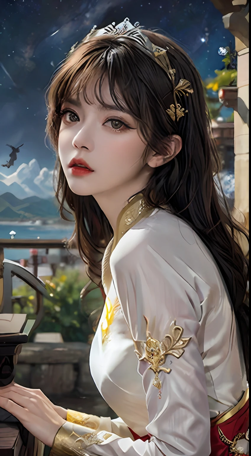 1 27-year-old girl, 1 zodiac goddess from the future, goddess of the pink and purple 12 zodiacs, the goddess of the zodiac in a yellow ao dai, a 12 zodiac ao dai with many black lace detail, mythology Goddess of the 12 zodiacs from the future, zodiac ♏, luxurious glittering zodiac style, dark and mysterious version, zodiac crown, lipstick lips red, thin and beautiful lips, mouth closed, characters made by karol bak and pino daeni, intricate detail, detailed background, extremely detailed, light magic, a woman, clear face, hair long with bangs, beautiful face in detail and well-proportioned eyes, (transparent yellow eyes: 1.8), big round eyes and very beautiful and detailed makeup, foresight, silk dress, mysterious makeup , double bangs and dyed light blonde , upper half portrait, zodiac goddess portrait, arms hanging loosely, Realistic and vivid photo, (stars make up the zodiac: 1.7), (sky background zodiac and fictitious space and time portal: 1.8), fiction art, RAW photo, hanfu picture, best photo, best photo quality, 8k quality, 8k ultra, super realistic, real photo most economical, the goddess poses sexy and seductive,