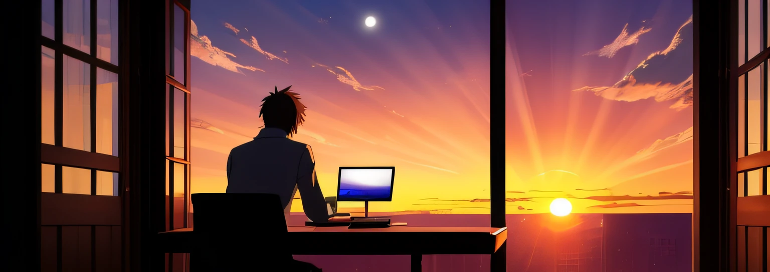 young man using computer on room, window opened, sunset, star, table, coffee on table, ((anime style))