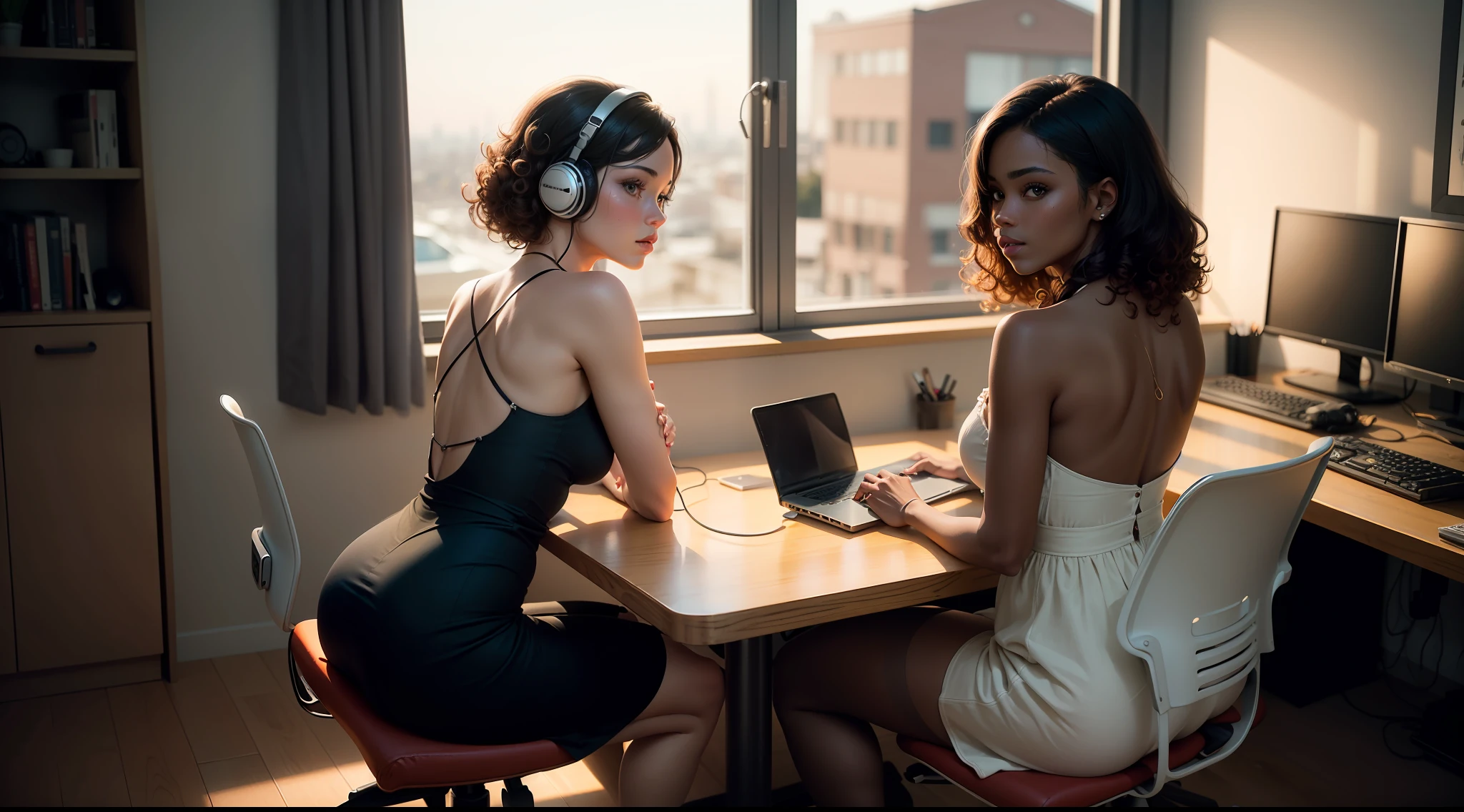 Portrait of a beautiful Brazilian girl, (dark skin tone: 1.3), (((full body))), ((back to back)), ((curly hair)), in bedroom, ((sitting on chair at table with computer )), ((staring at the computer)), (headphones), ((facing a large window)), (looking at the window in front of her),(wearing a dress), realistic, high definition, texture ultra-hd skin and hair, (night), ultra-hd, digital, cinematic lighting, panoramic perspective, extremely detailed, intricate, 8k