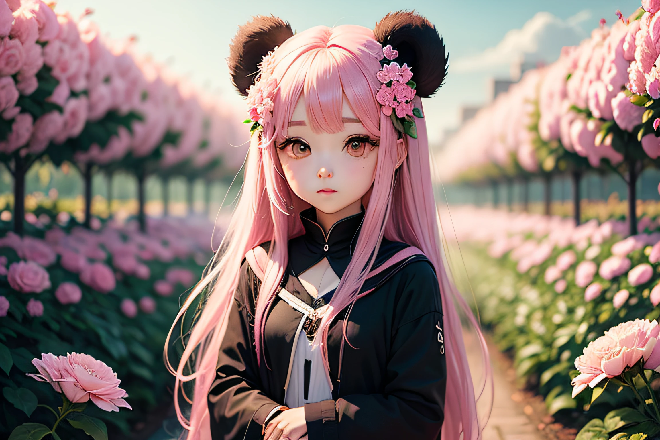 Cute Anime Style Hair Color Pink Long Hair Background Flower Garden Head Panda --auto